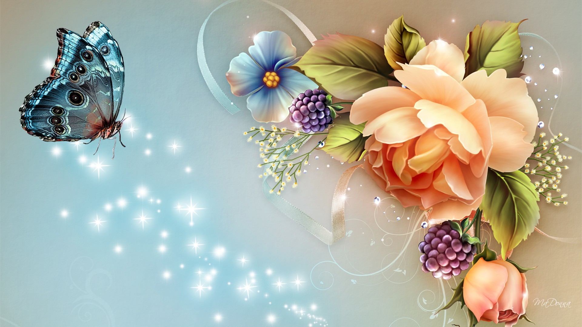Rosa, Farfalla, Fiori, Arte digitale, Full HD, sfondo per PC
