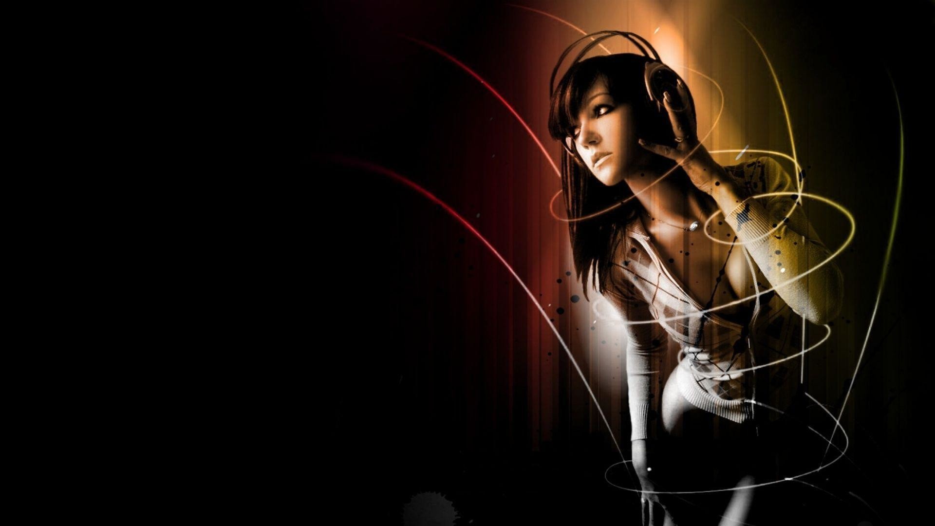 Ragazza, Cuffie, Luce, Sfondo scuro, Arte digitale, Full HD, wallpaper per desktop