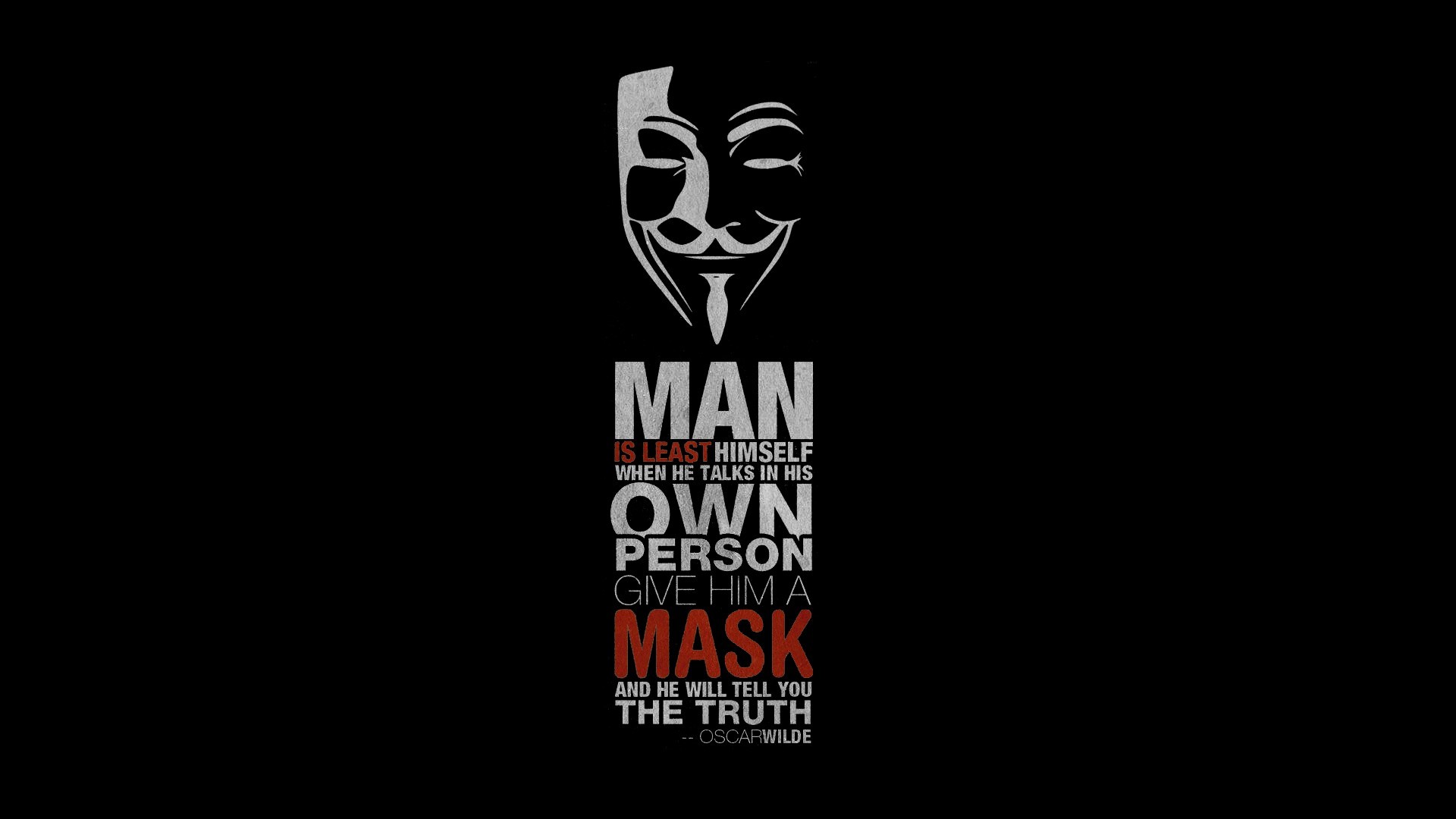 Maschera di Guy Fawkes, V per Vendetta, Oscar Wilde, Citazione, Tipografia, sfondo 16:9 Full HD