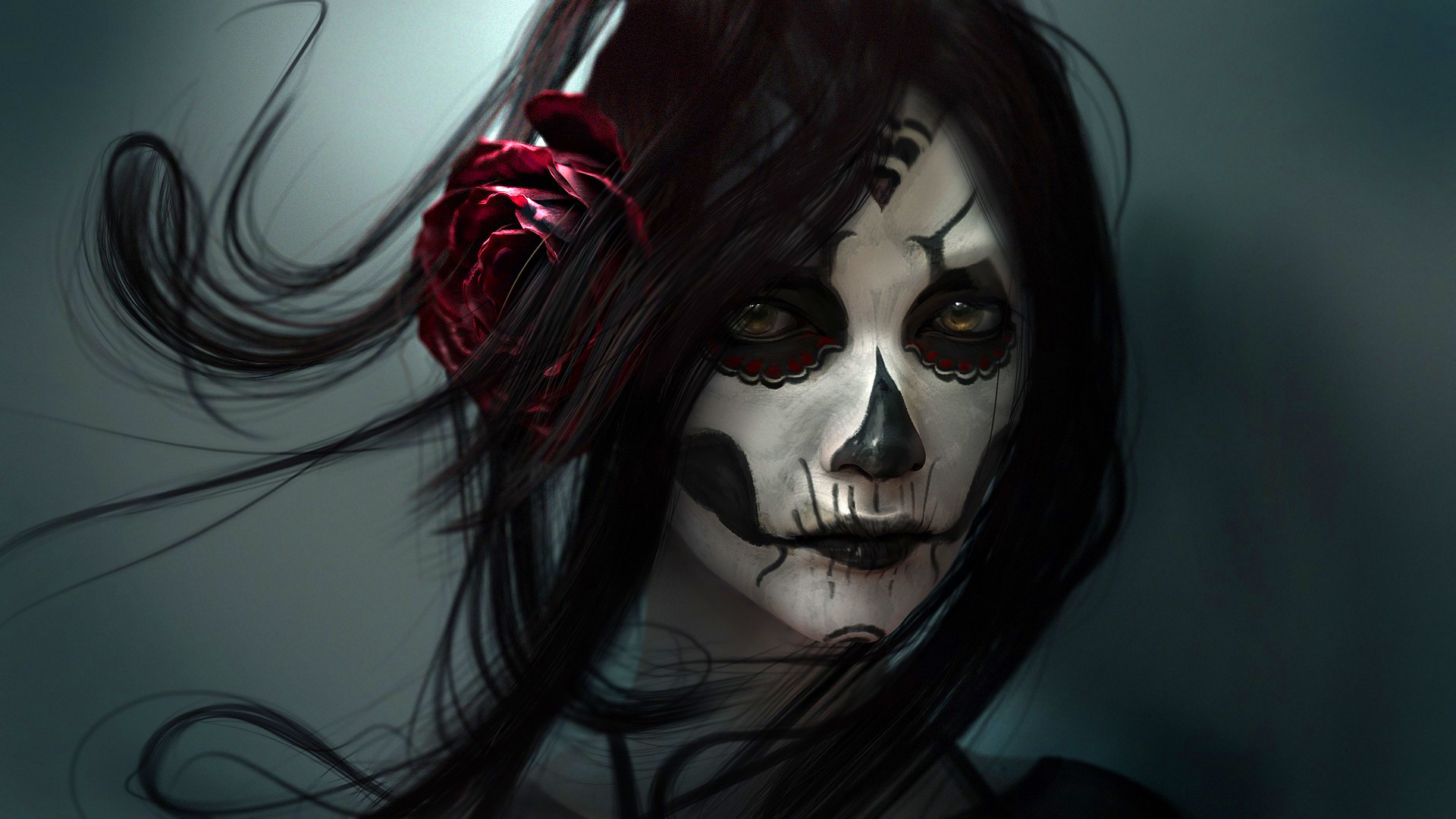 Catrina, Trucco Día de los Muertos, Rosa rossa, Capelli neri, Ritratto, sfondo 1920x1080 per PC