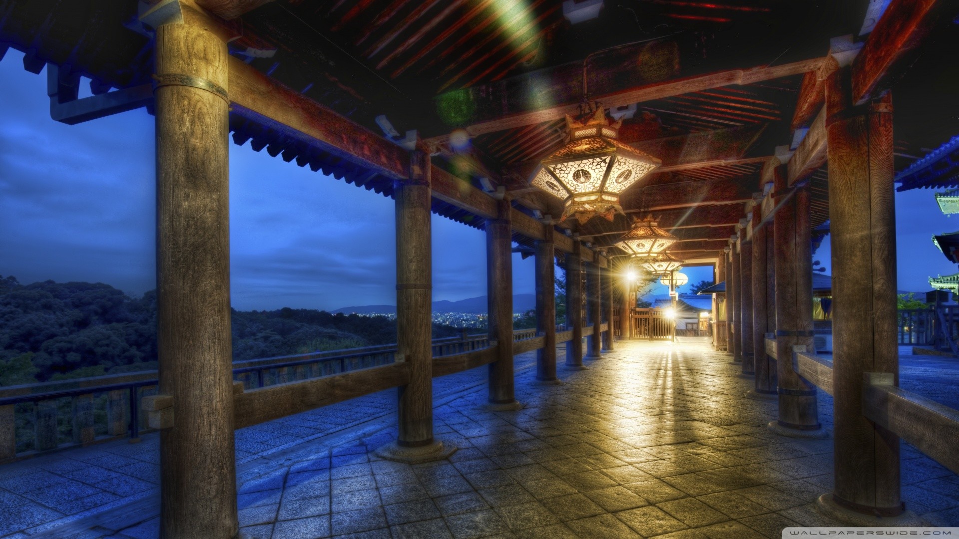 Giappone, Tempio, Corridoio, Lanterne, 16:9 Full HD, wallpaper widescreen