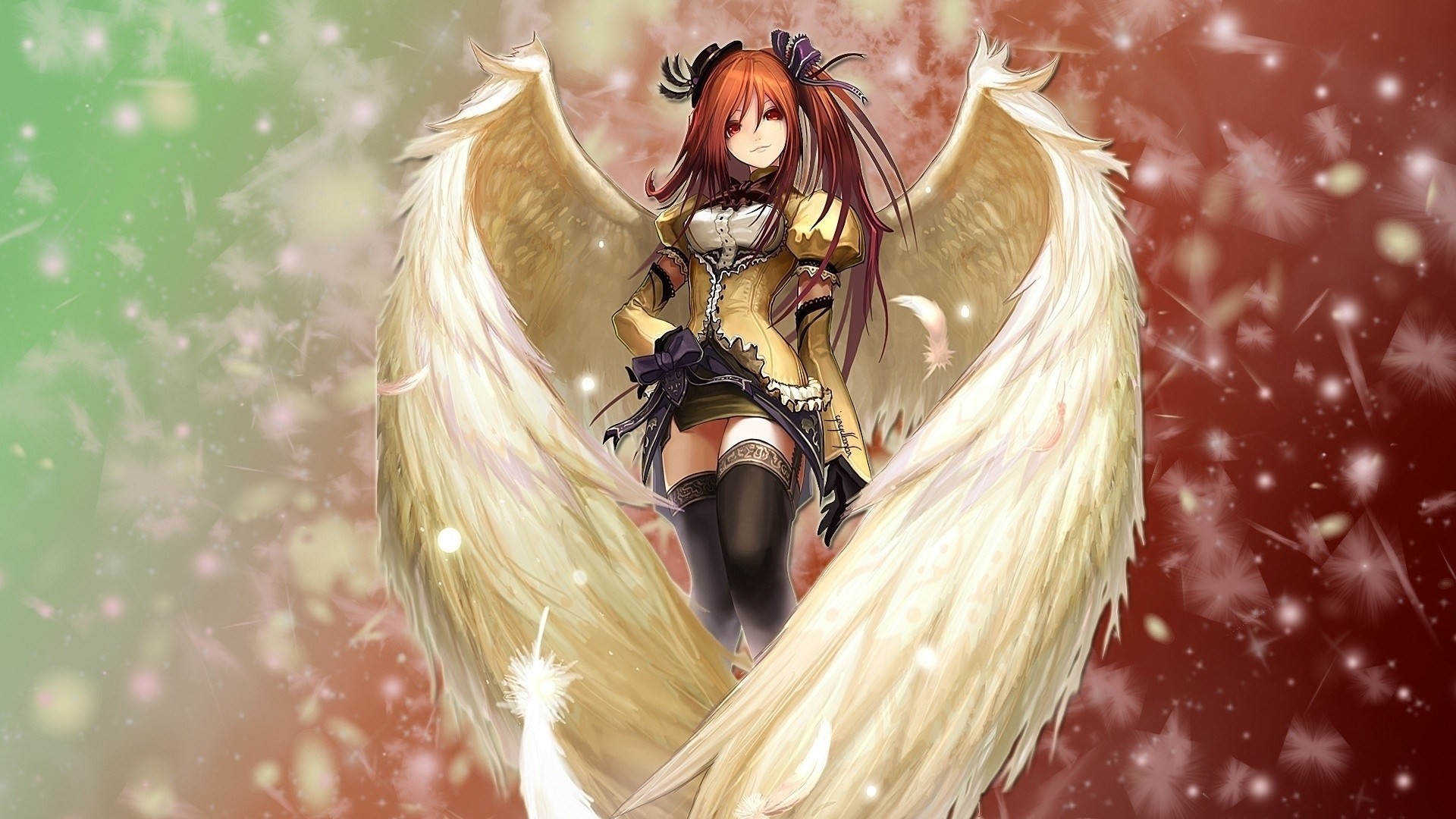 Ragazza anime, Ali d'angelo, Piume, Capelli rossi, Full HD, sfondo per PC