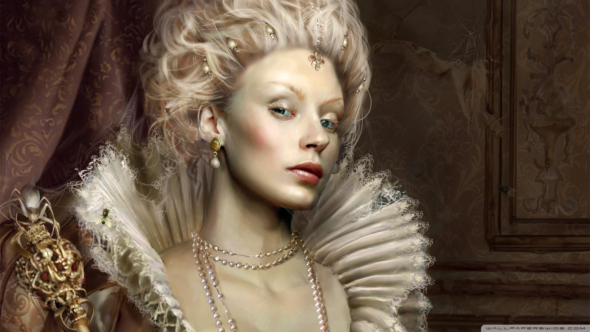 Regina barocca, Pittura digitale, Gorgiera, Perle, 1920x1080, sfondo per PC