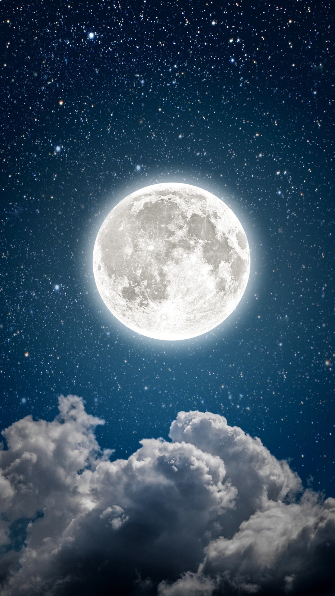 Luna piena, Cielo stellato, Nuvole, Notte, sfondo Android verticale