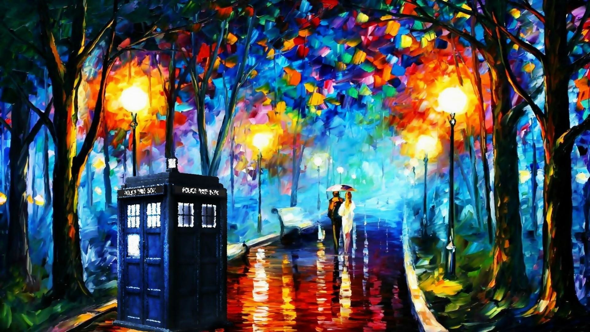 TARDIS, Doctor Who, Pittura, Parco, Lampioni, Full HD, sfondo per PC e portatile