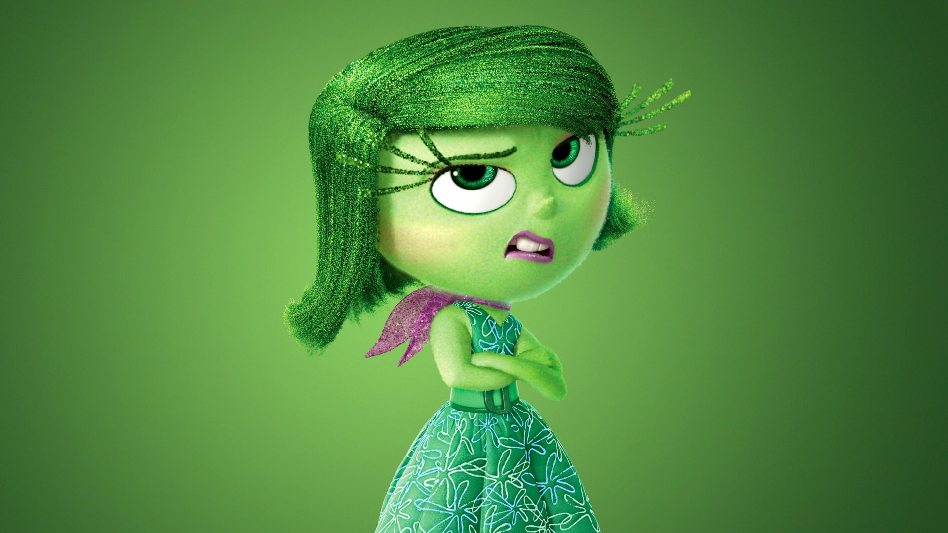 Disgusto, Inside Out, Sfondo verde, Braccia conserte, Pixar, Full HD, wallpaper desktop