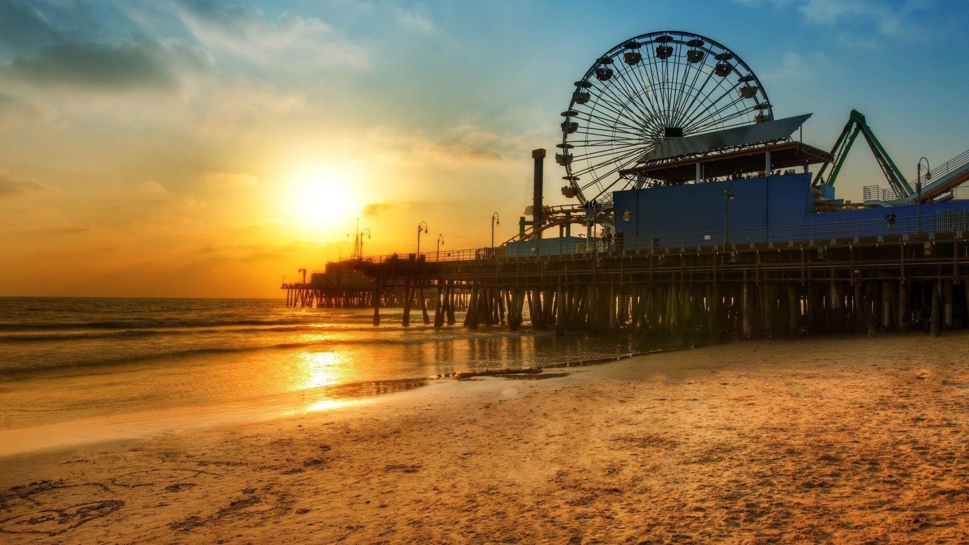 Molo di Santa Monica, Spiaggia, Ruota panoramica, Tramonto, California, sfondo per portatile