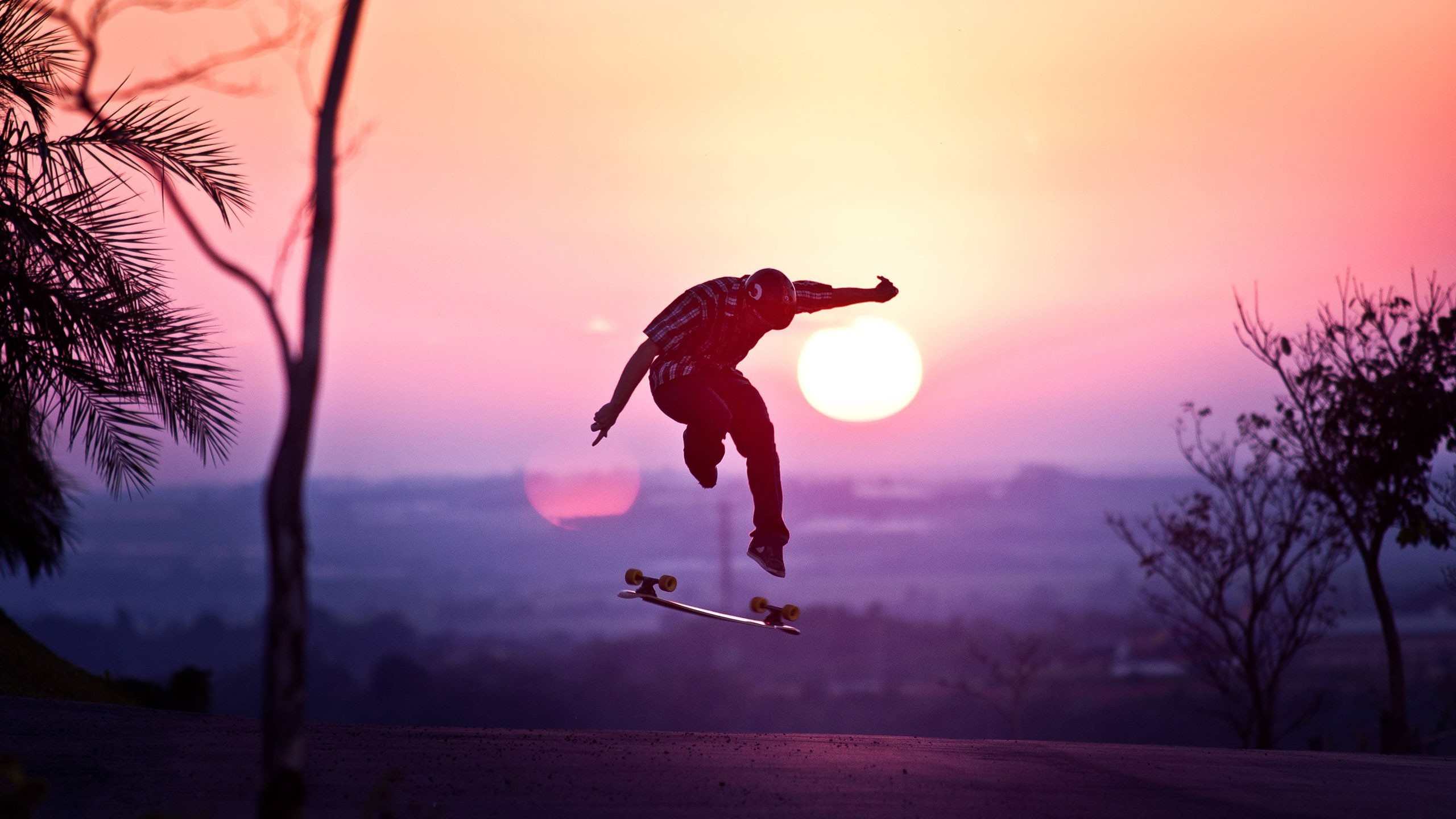 Longboard, Salto, Tramonto, Cielo rosa, 16:9 2K, sfondo widescreen
