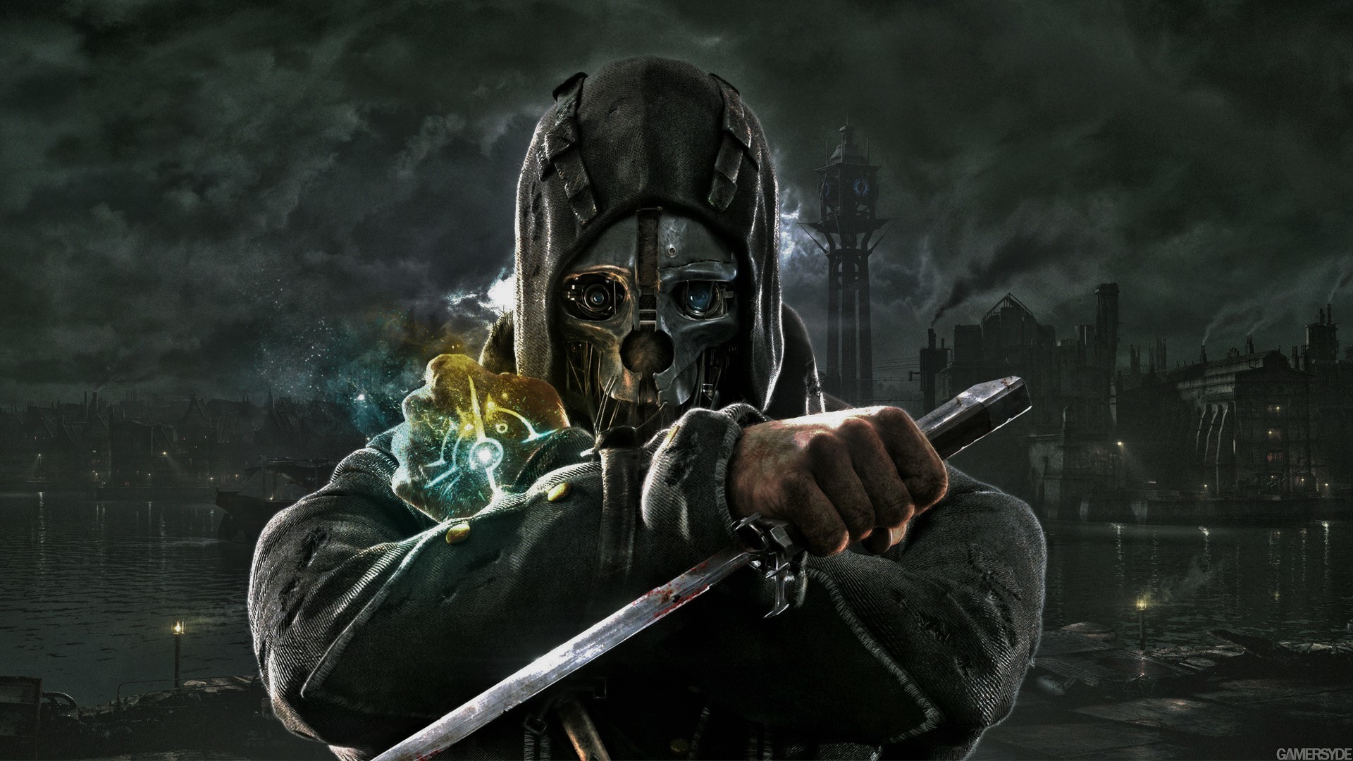 Corvo Attano, Dishonored, Marchio dell'Esterno, Lama, Maschera, 16:9 Full HD, sfondo widescreen