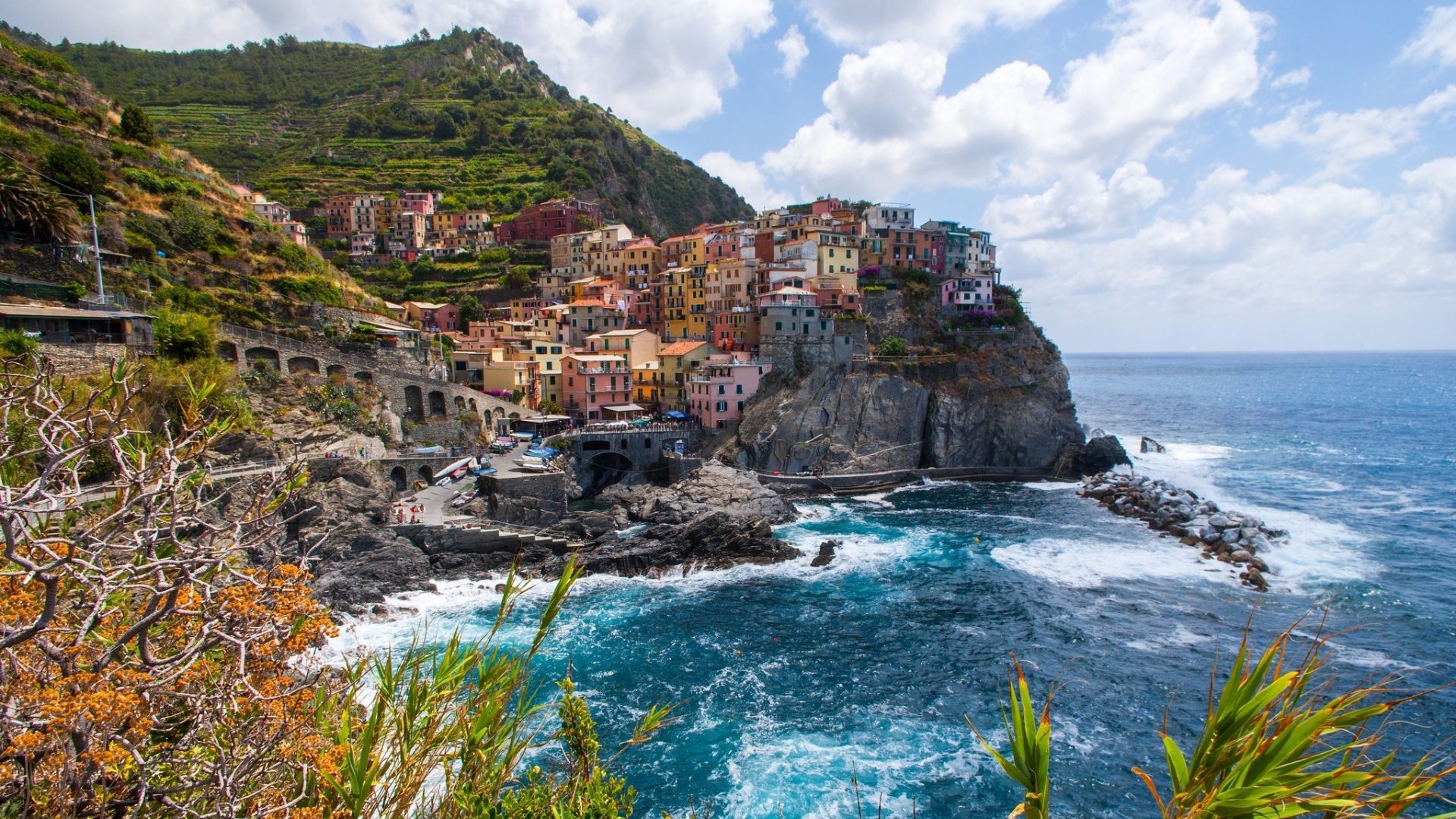 Manarola, Cinque Terre, Liguria, Onde, Full HD, sfondo per portatile