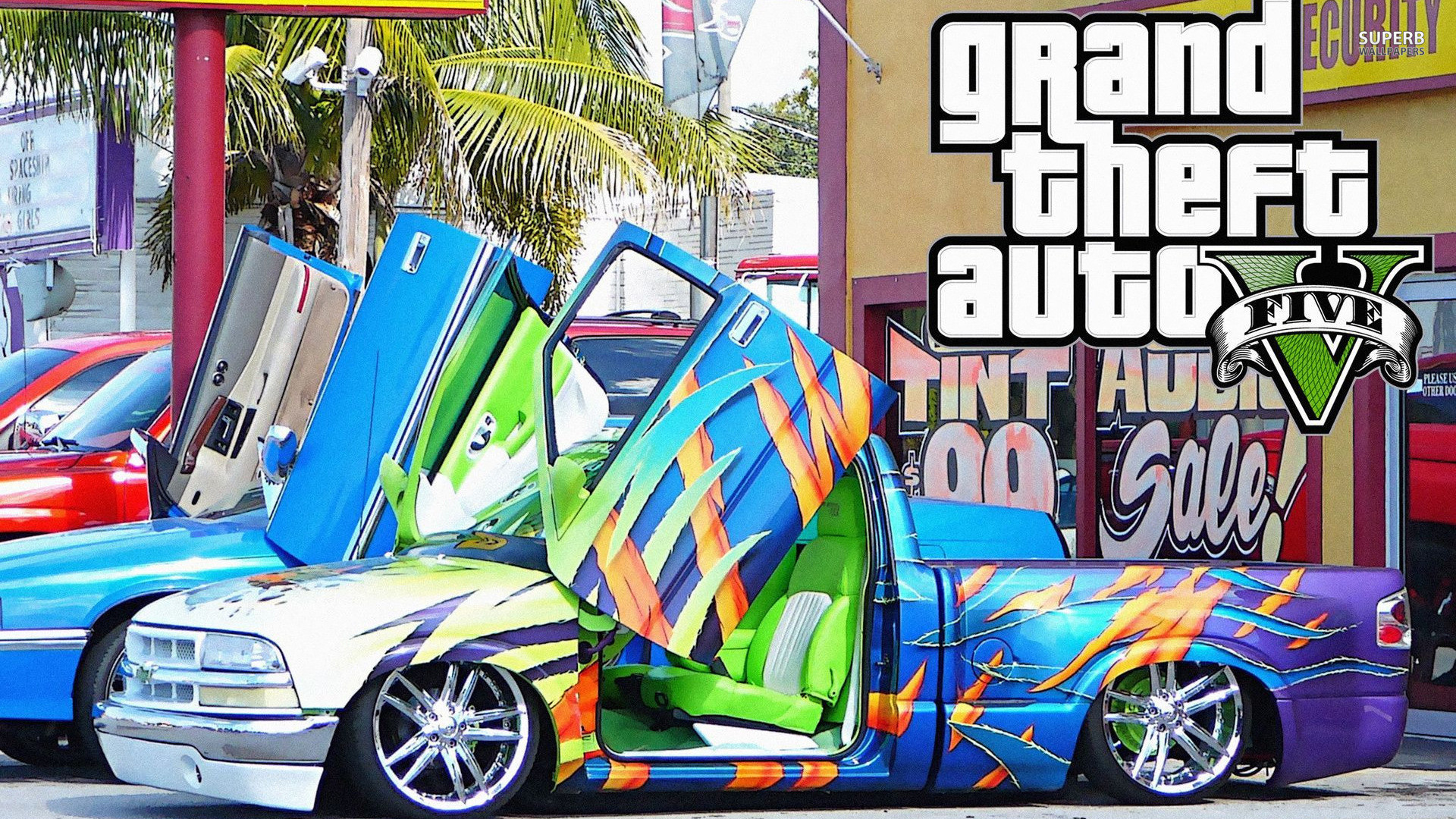Grand Theft Auto V, Logo GTA V, Pickup tuning, Portiere ad ali, Graffiti, sfondo 1920x1080 per PC