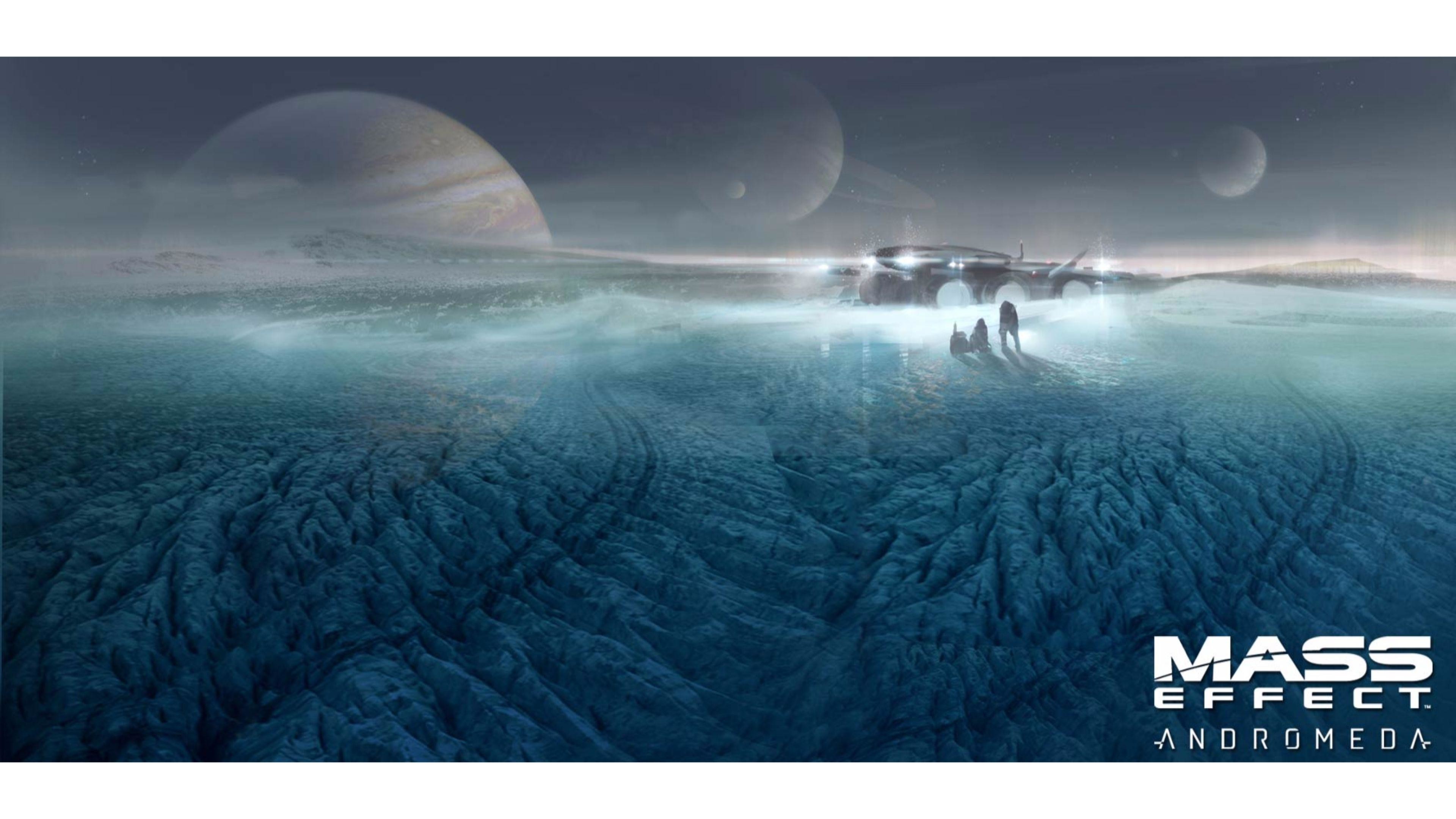 Mass Effect: Andromeda, Pianeta ghiacciato, Navetta, Paesaggio alieno, Logo, sfondo Ultra HD