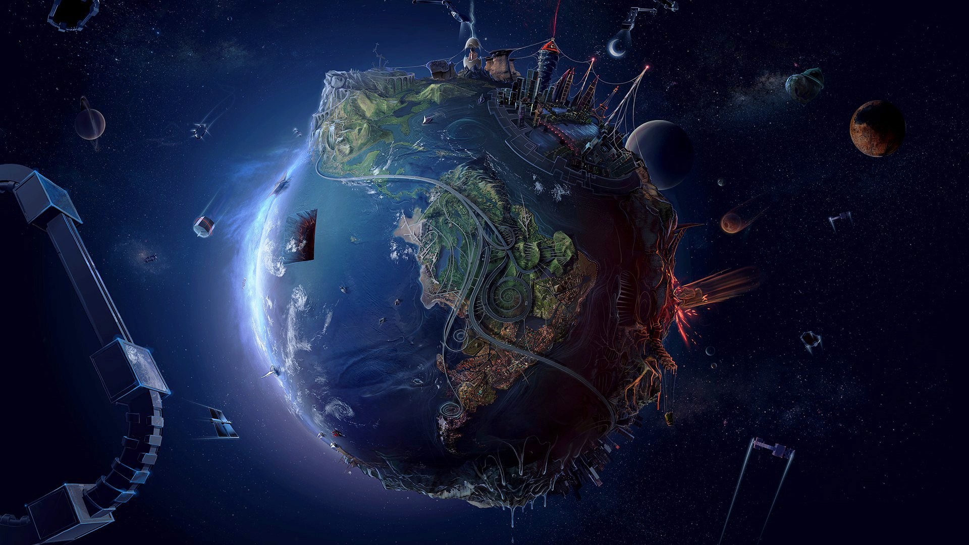 Pianeta, Spazio, Arte surreale, Arte digitale, 16:9 Full HD, wallpaper widescreen