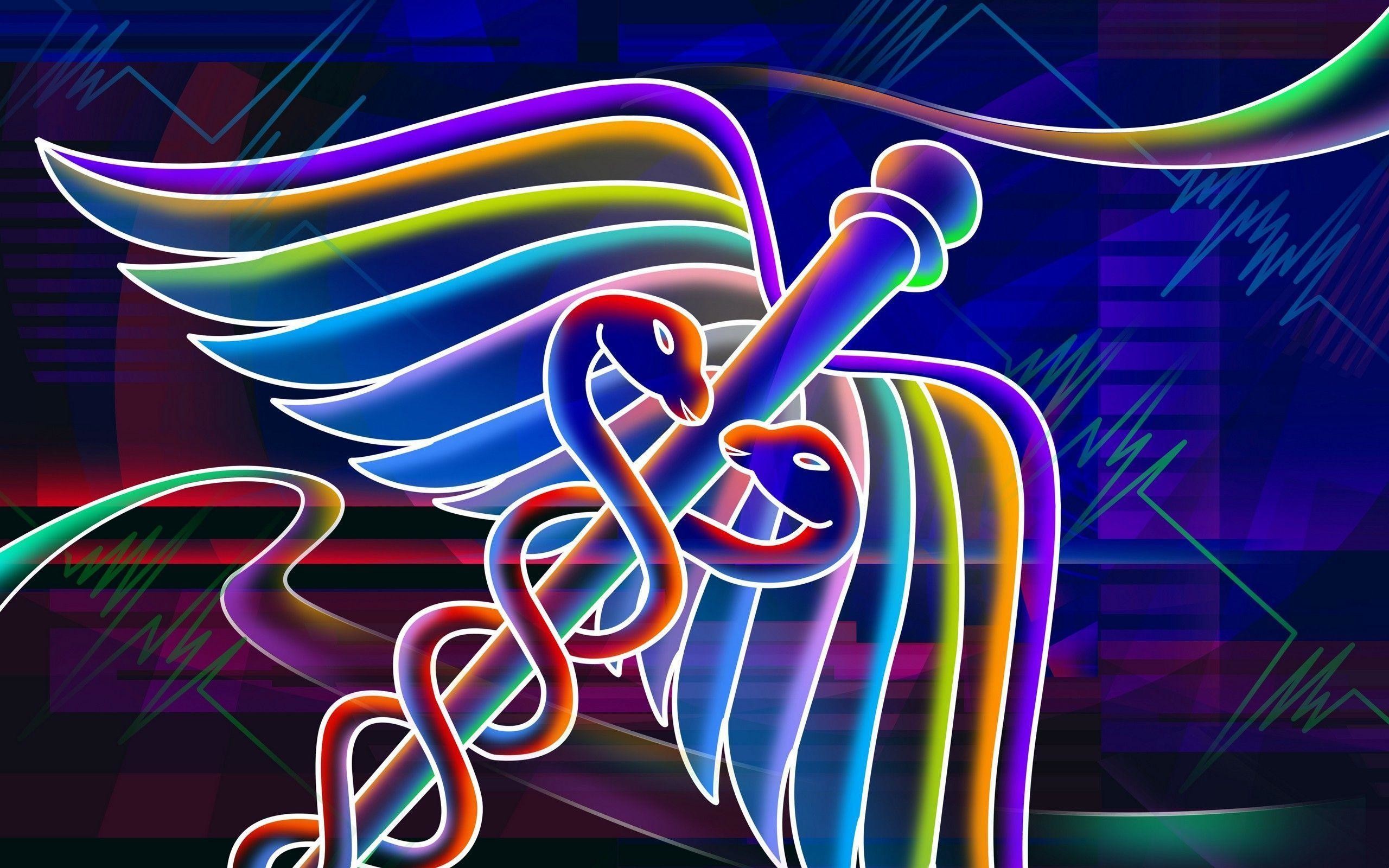 Caduceo, Neon, Simbolo medico, Colorato, 2560x1600, sfondo MacBook Pro