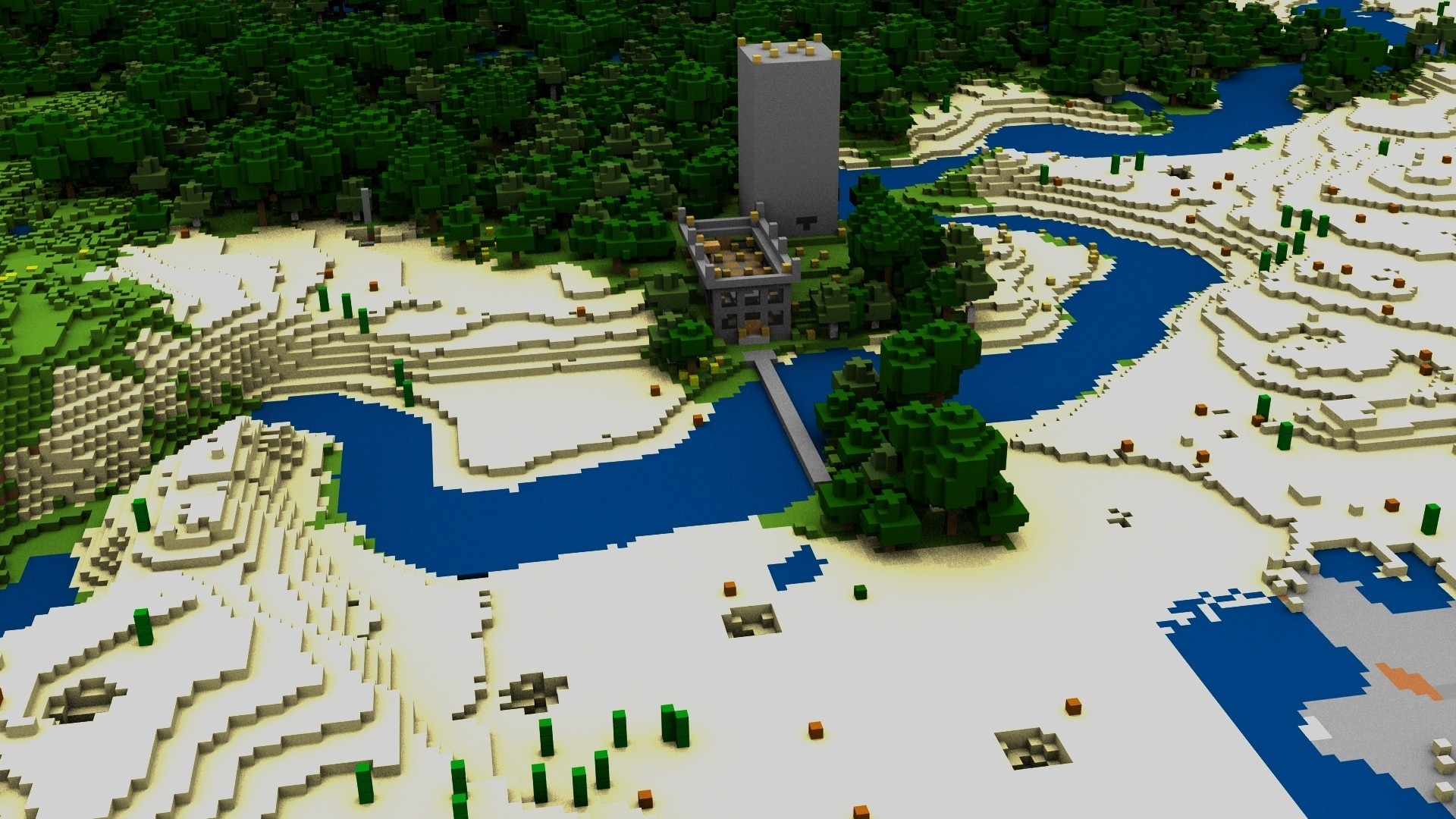 Minecraft, Vista aerea, Fiume, Neve, Full HD, sfondo per PC