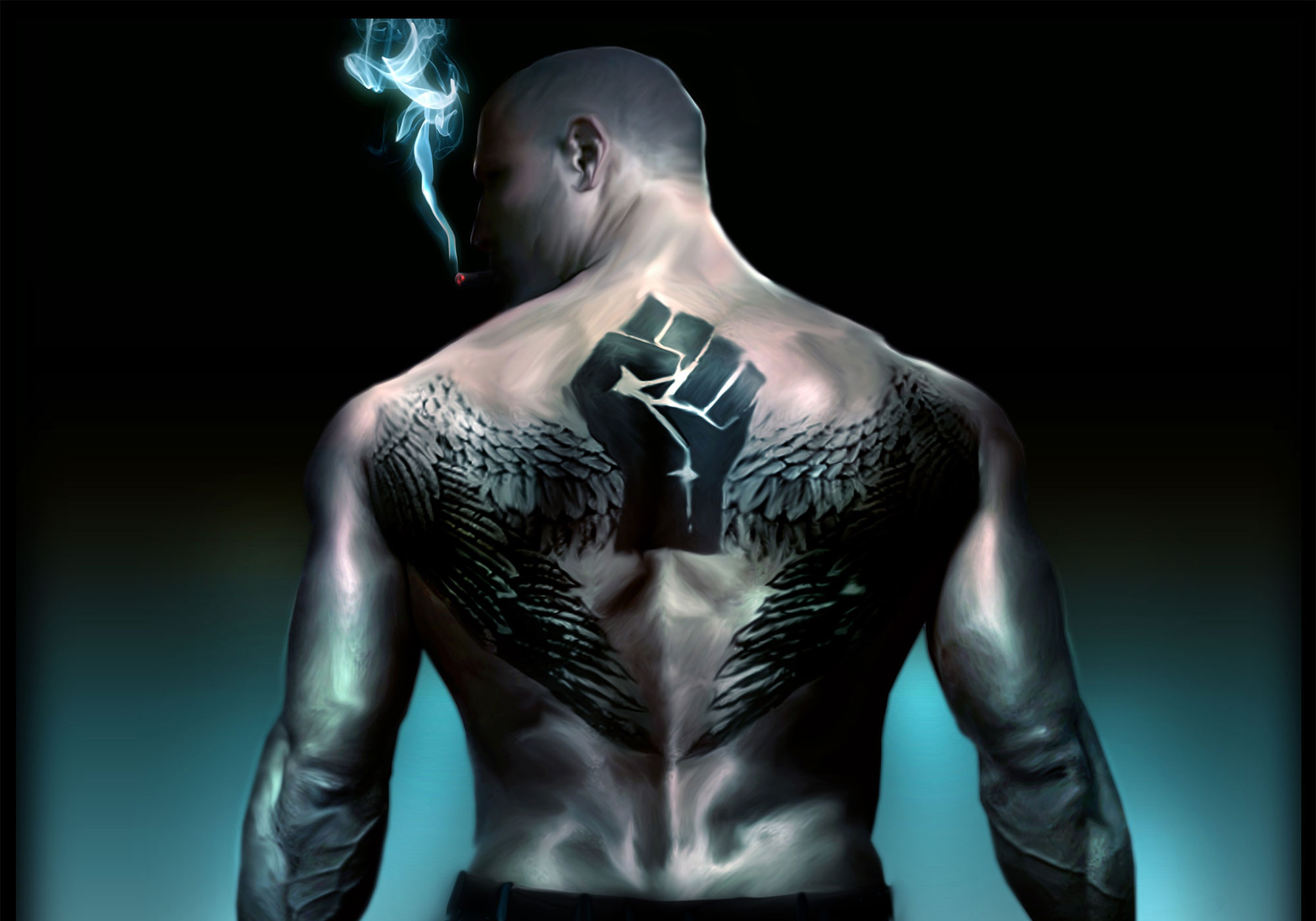 Schiena tatuata, Pugno, Ali, Uomo, Full HD, sfondo Windows 11