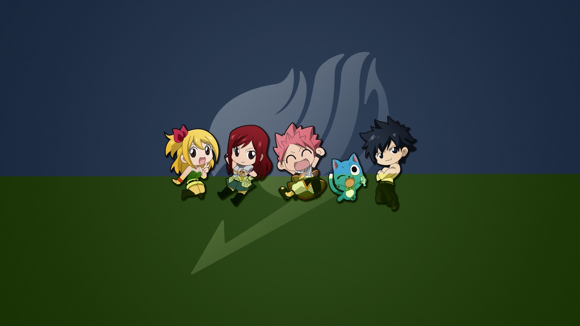 Fairy Tail, Chibi, Simbolo di Fairy Tail, Happy, Prato, Full HD, sfondo desktop