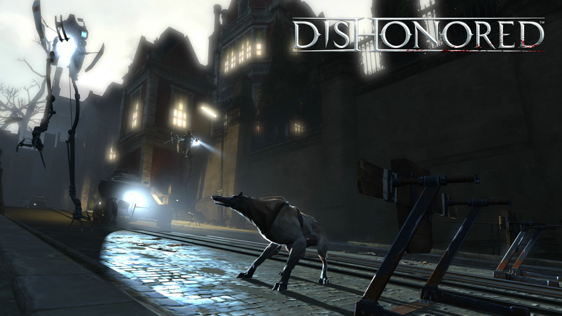 Dishonored, Logo, Tallboy, Cane, Strada notturna, Full HD, sfondo per portatile