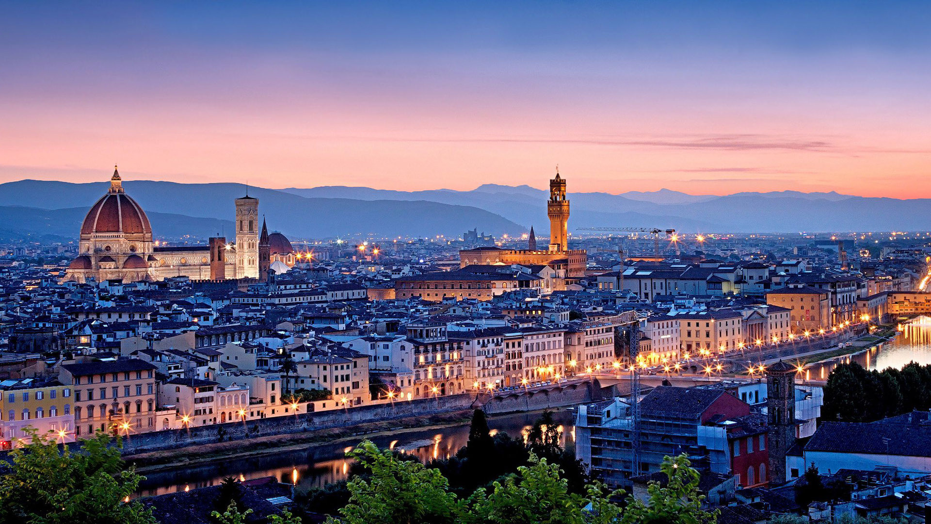 Firenze, Cattedrale di Santa Maria del Fiore, Palazzo Vecchio, Toscana, Tramonto, immagine di sfondo