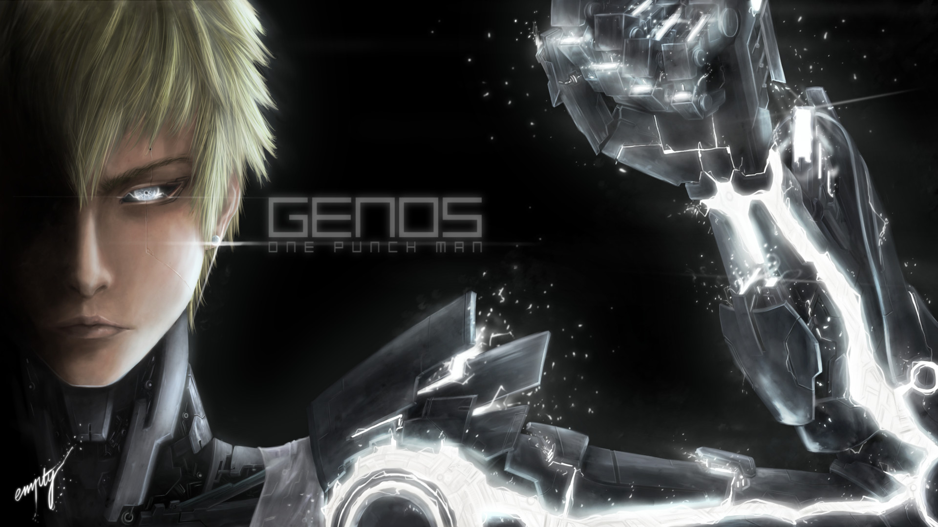 Genos, One Punch Man, Bianco e nero, Cyborg, Full HD, sfondo desktop