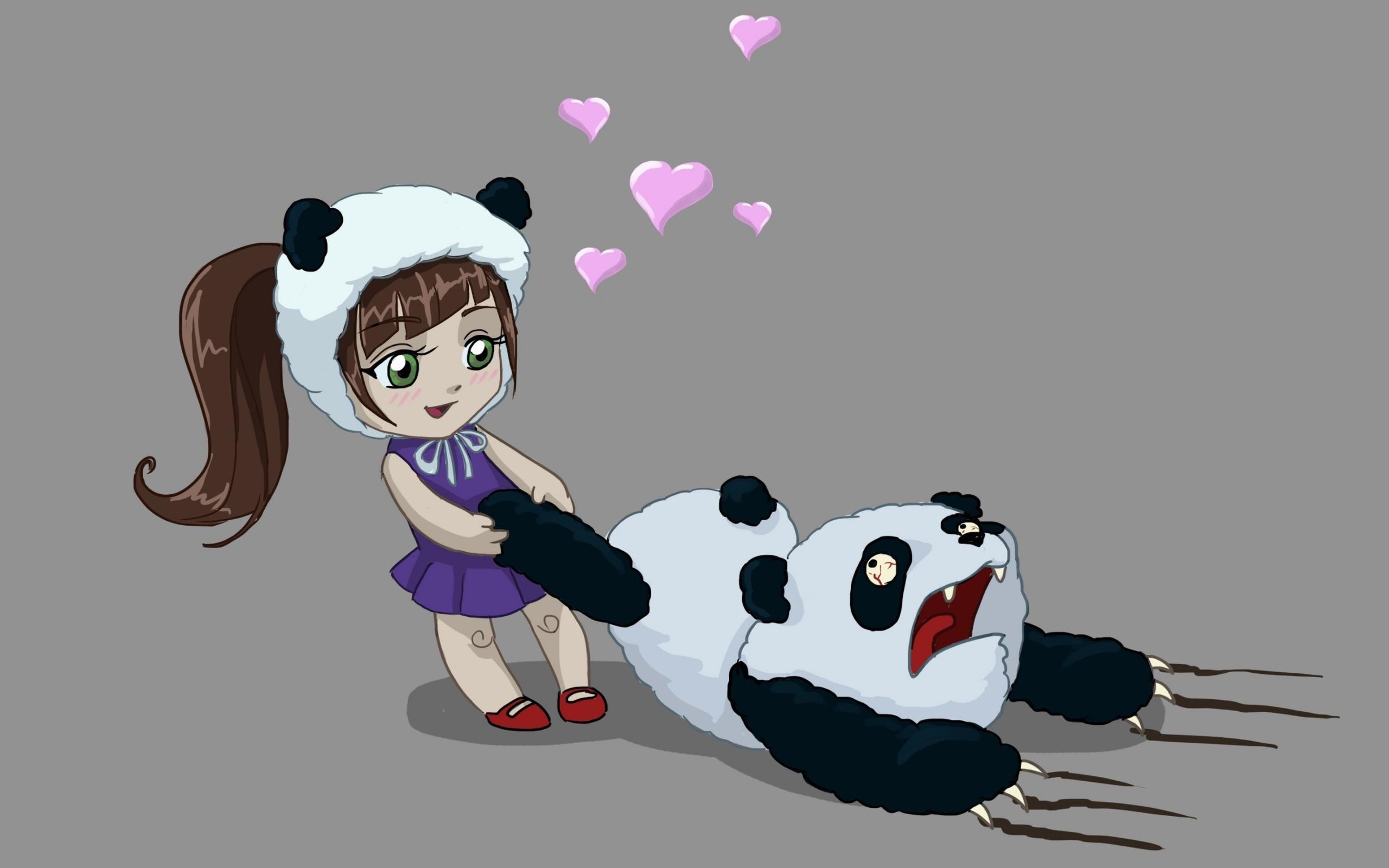 Panda, Ragazza chibi, Cuori, Disegno, 16:10 2K, sfondo widescreen