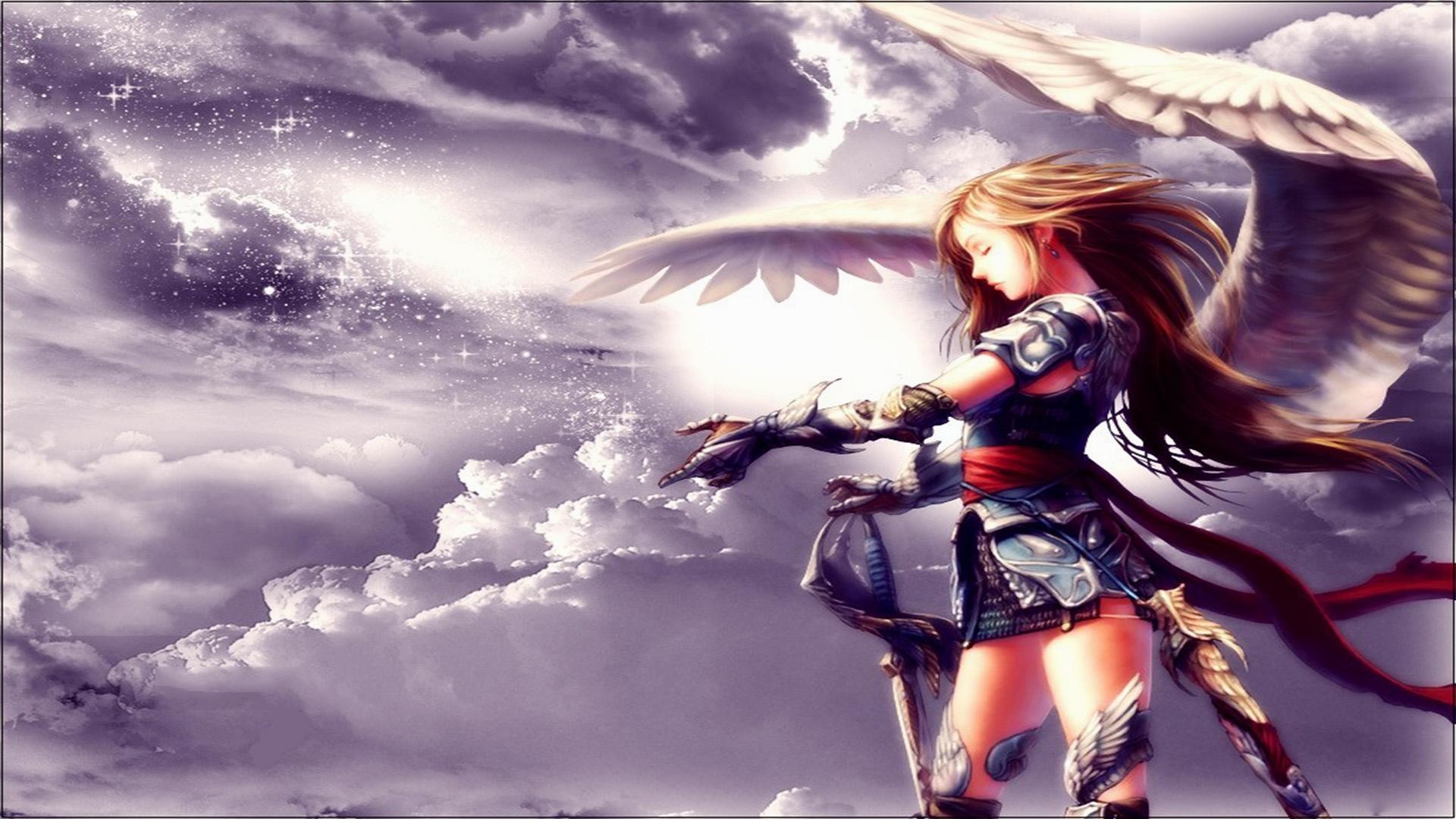 Angelo guerriero, Ali, Spada, Nuvole, Anime, 1920x1080, sfondo per PC