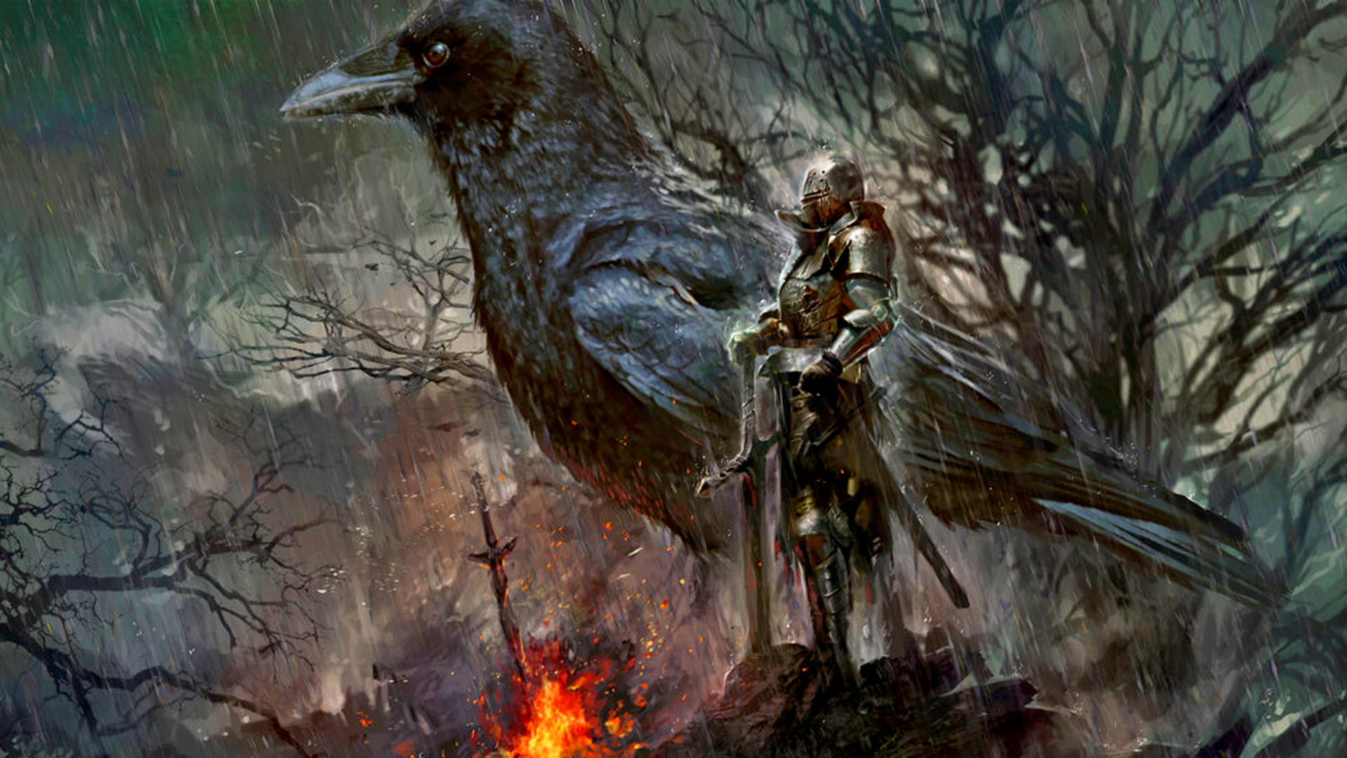 Dark Souls III, Corvo gigante, Cavaliere, Fuoco, 1920x1080, immagine di sfondo