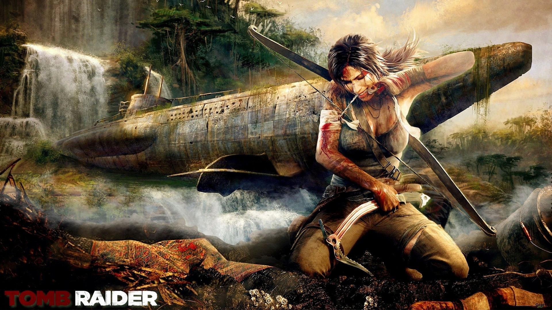 Lara Croft, Tomb Raider (2013), Sottomarino, Cascata, Full HD, sfondo per PC