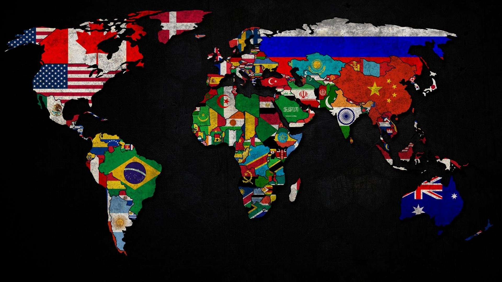 Mappa del mondo, Bandiere nazionali, Continenti, Sfondo nero, 16:9 Full HD, wallpaper widescreen
