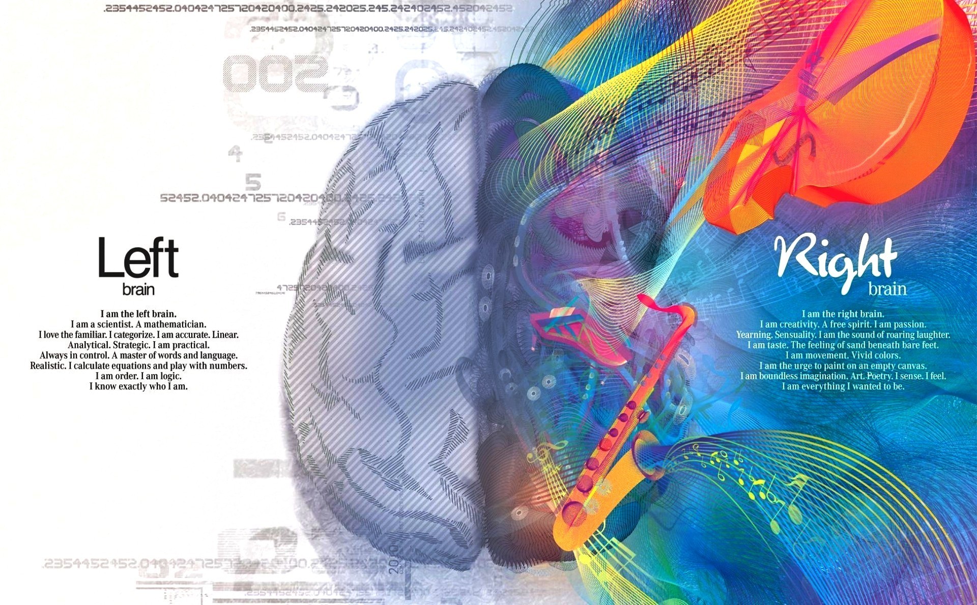 Cervello, Emisfero sinistro e destro, Left brain Right brain, Musica, Colori, sfondo desktop