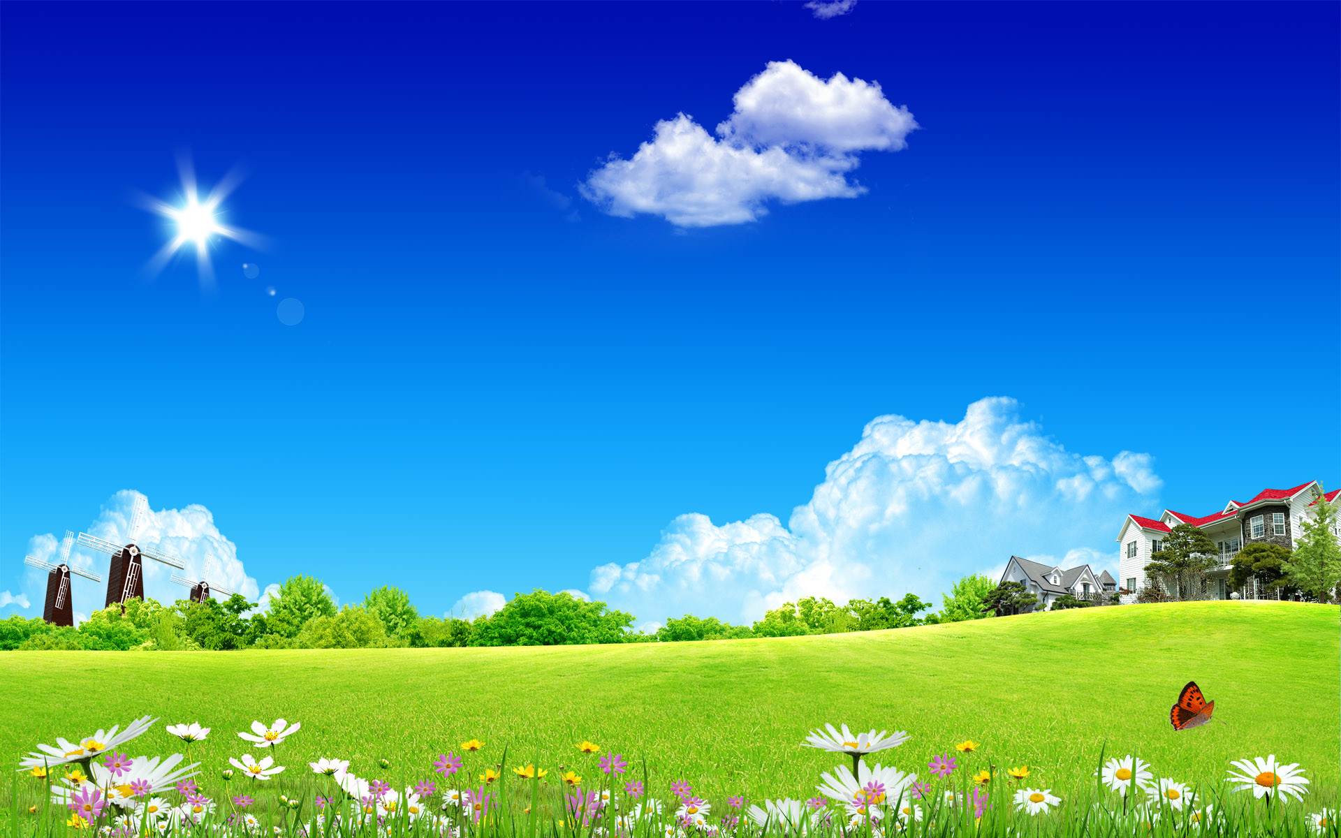 Prato fiorito, Casa, Mulino, Cielo blu, Illustrazione, Full HD, wallpaper per PC