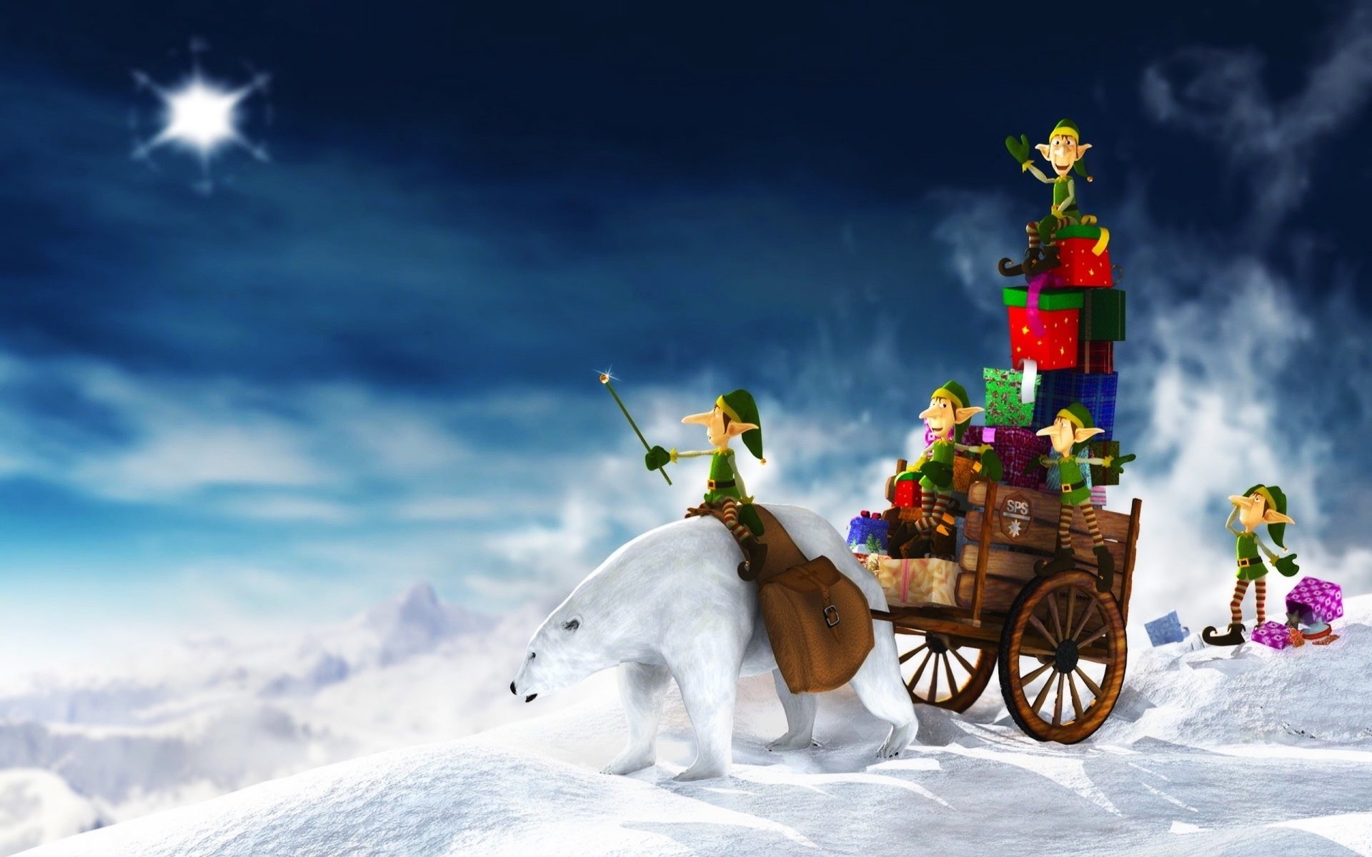 Elfi, Orso polare, Carretto di regali, Neve, Illustrazione, Full HD, sfondo desktop