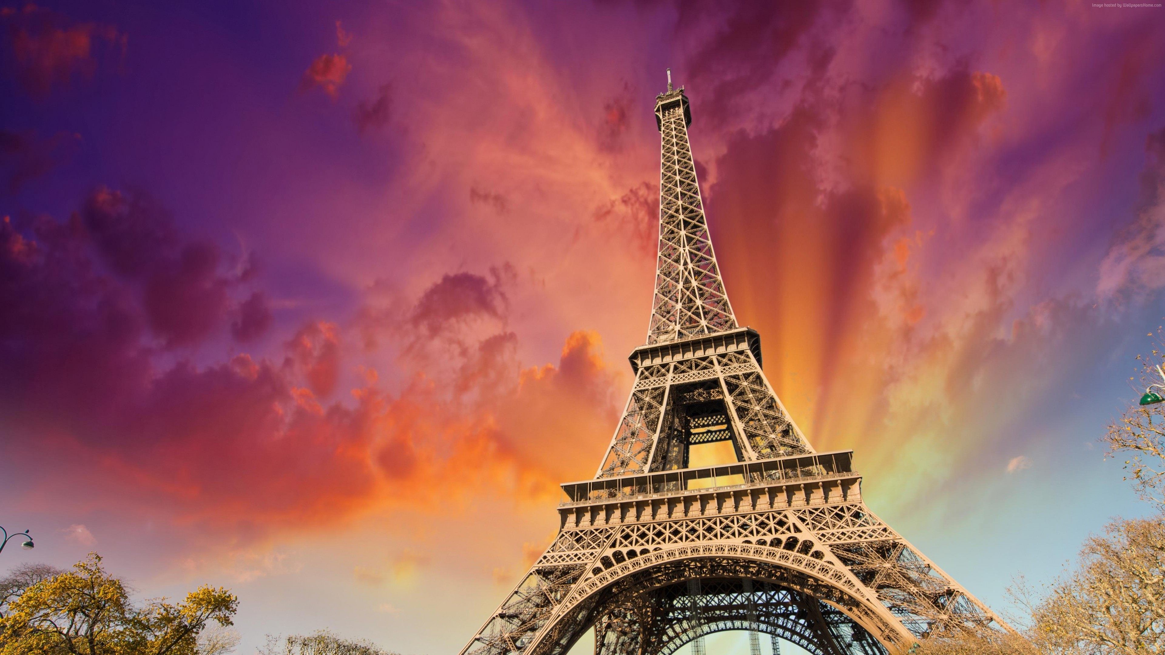 Torre Eiffel, Parigi, Francia, Cielo colorato, Tramonto, sfondo desktop