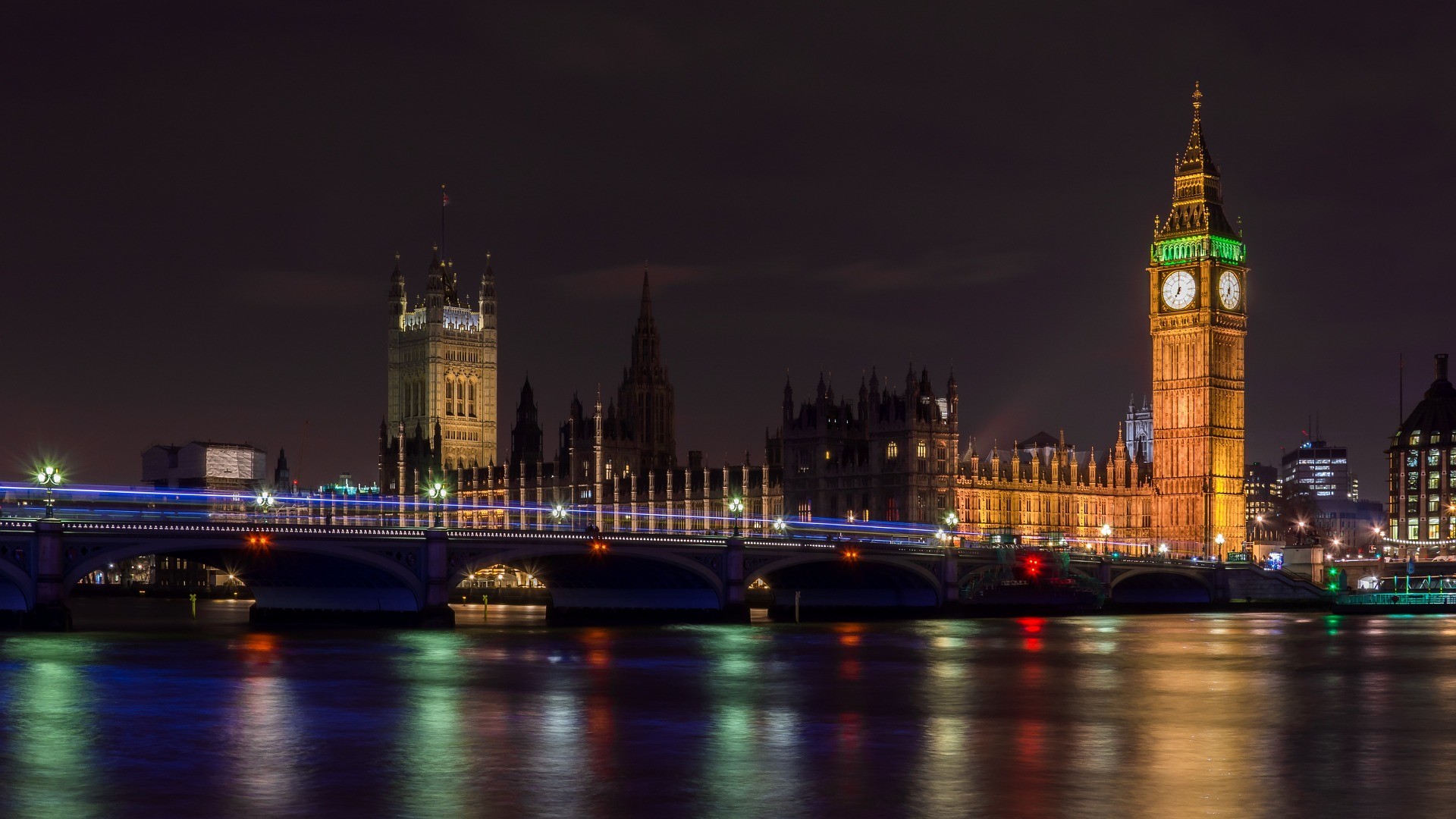 Palazzo di Westminster, Big Ben, Westminster Bridge, Tamigi, Londra, Notte, wallpaper desktop Full HD