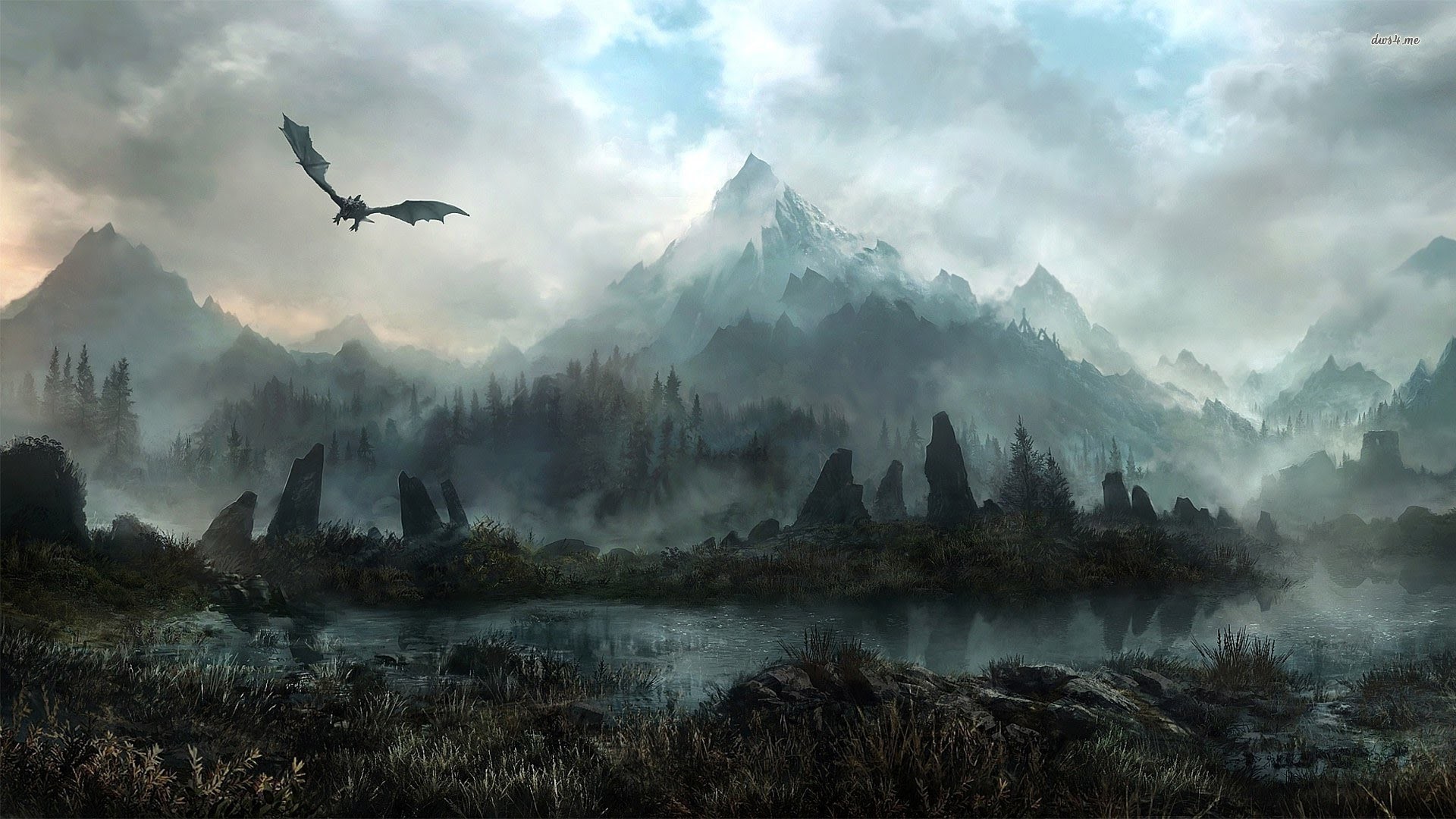The Elder Scrolls V: Skyrim, Drago, Montagne, Nebbia, Full HD, sfondo Windows 11