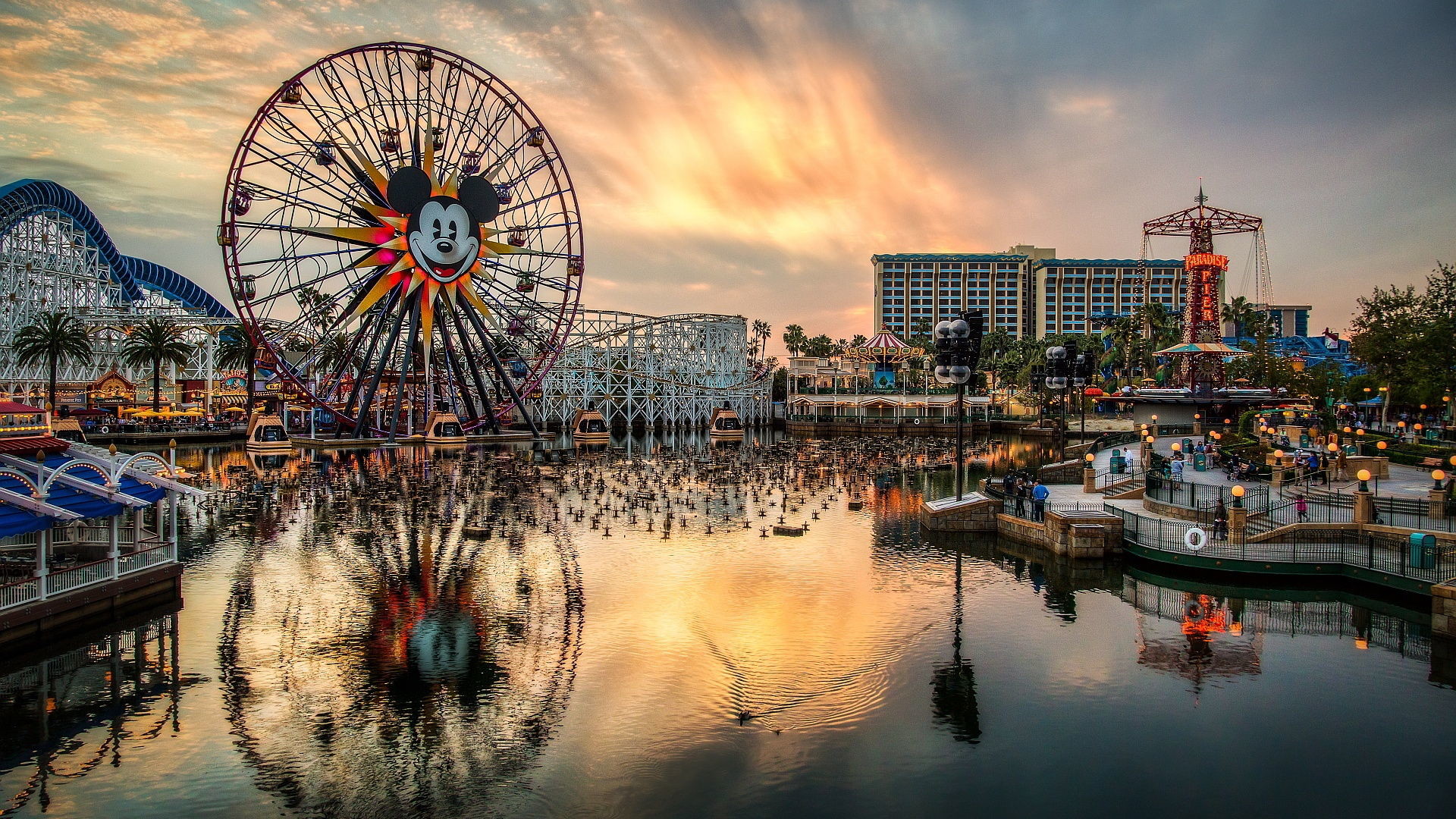 Disney California Adventure, Mickey's Fun Wheel, Ruota panoramica, Tramonto, Riflesso, sfondo 1080p