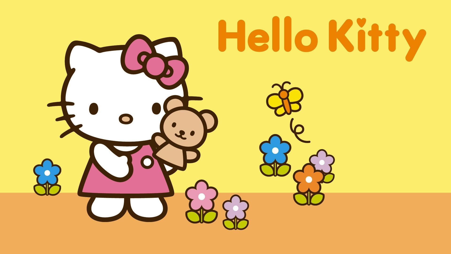Hello Kitty, Orsacchiotto, Fiori, Ape, Giallo, 1920x1080, wallpaper desktop
