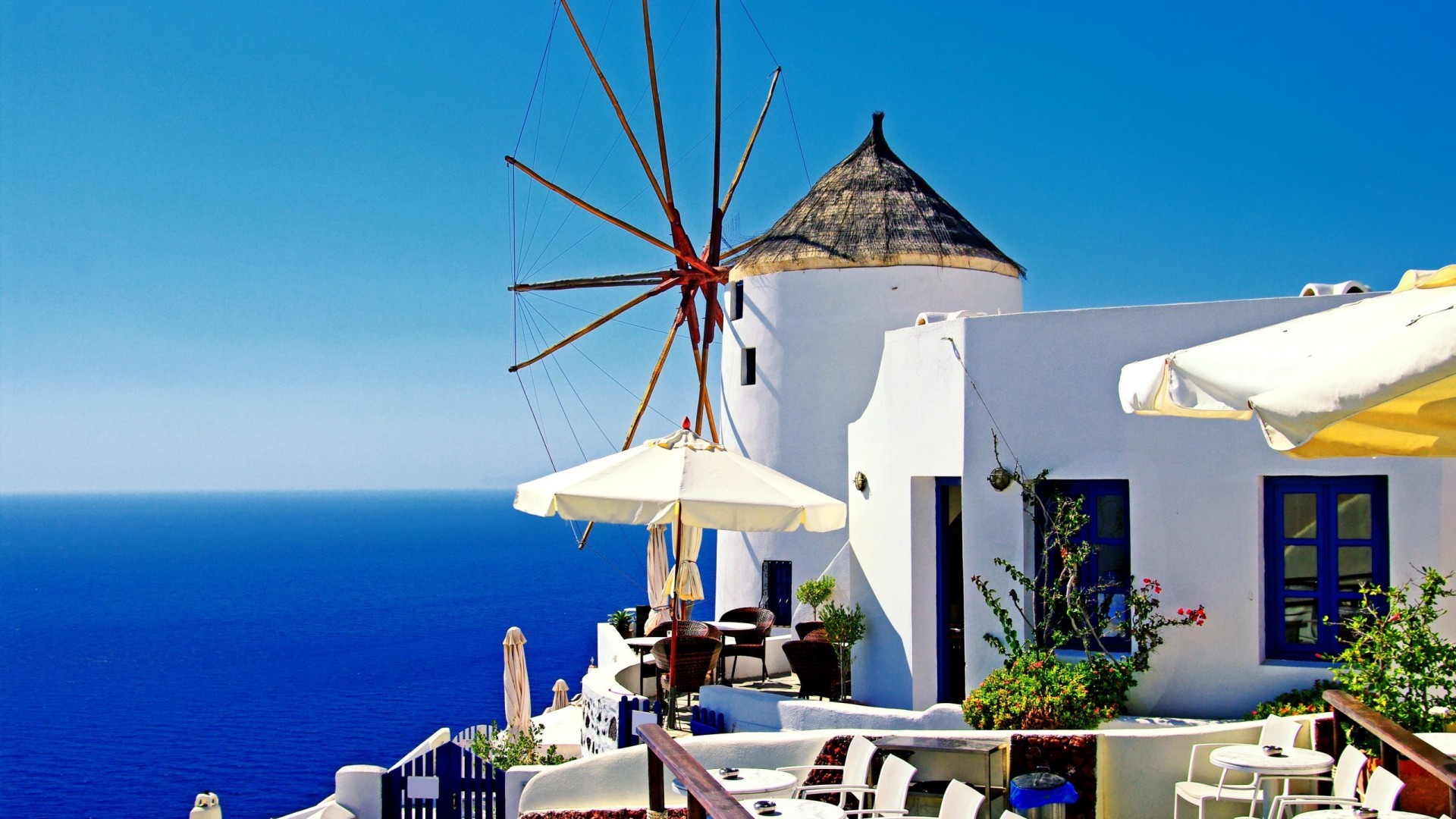 Santorini, Grecia, Mulino a vento, Case bianche, Mare blu, 1920x1080, sfondo per PC