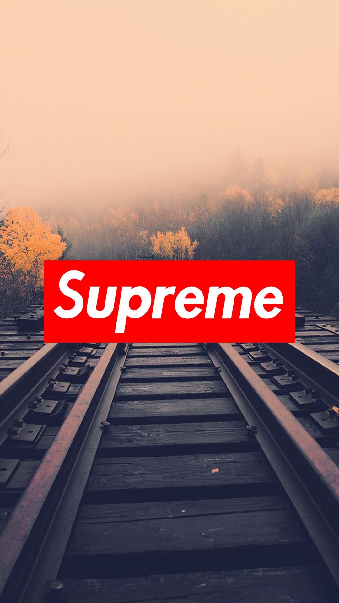 Logo Supreme, Binari ferroviari, Nebbia, Autunno, 1080x1920, schermata di blocco iPhone