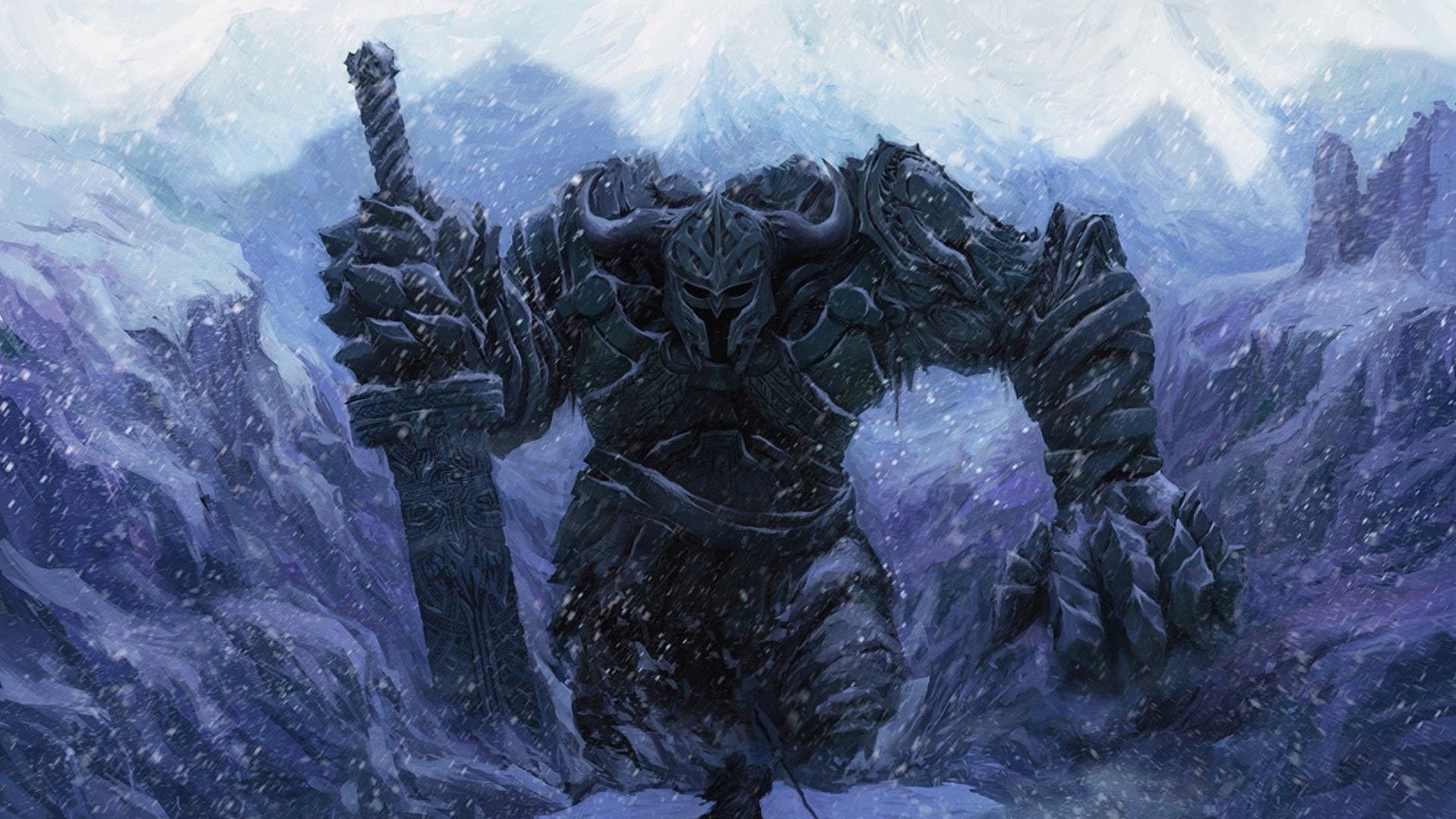 Golem, Spada gigante, Neve, Montagne, Full HD, sfondo per PC