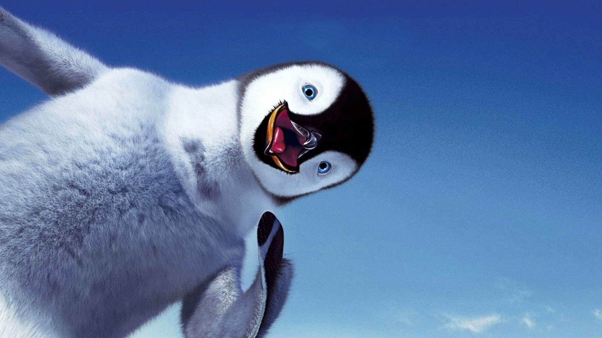 Mumble, Happy Feet, Pinguino imperatore, Pulcino, Cielo blu, Full HD, wallpaper desktop