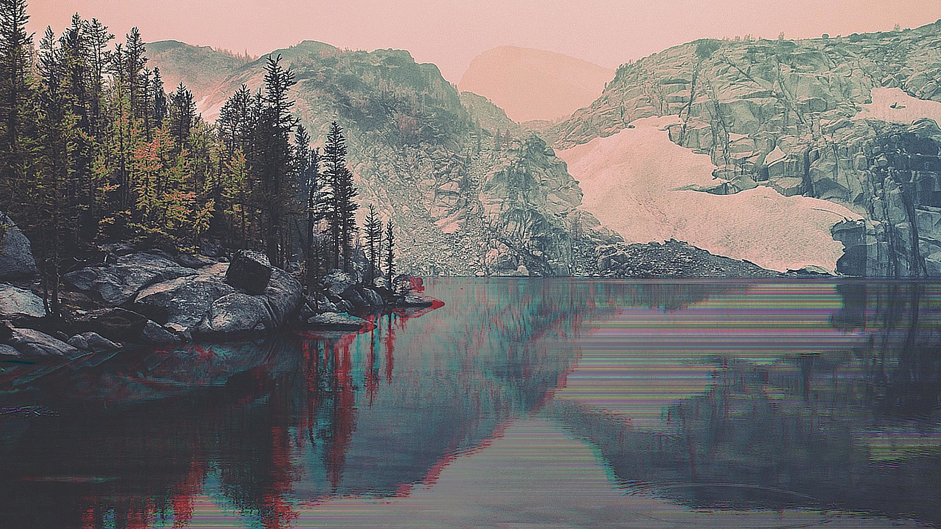 Vaporwave, Lago di montagna, Foresta, Glitch, 1920x1080, sfondo per PC