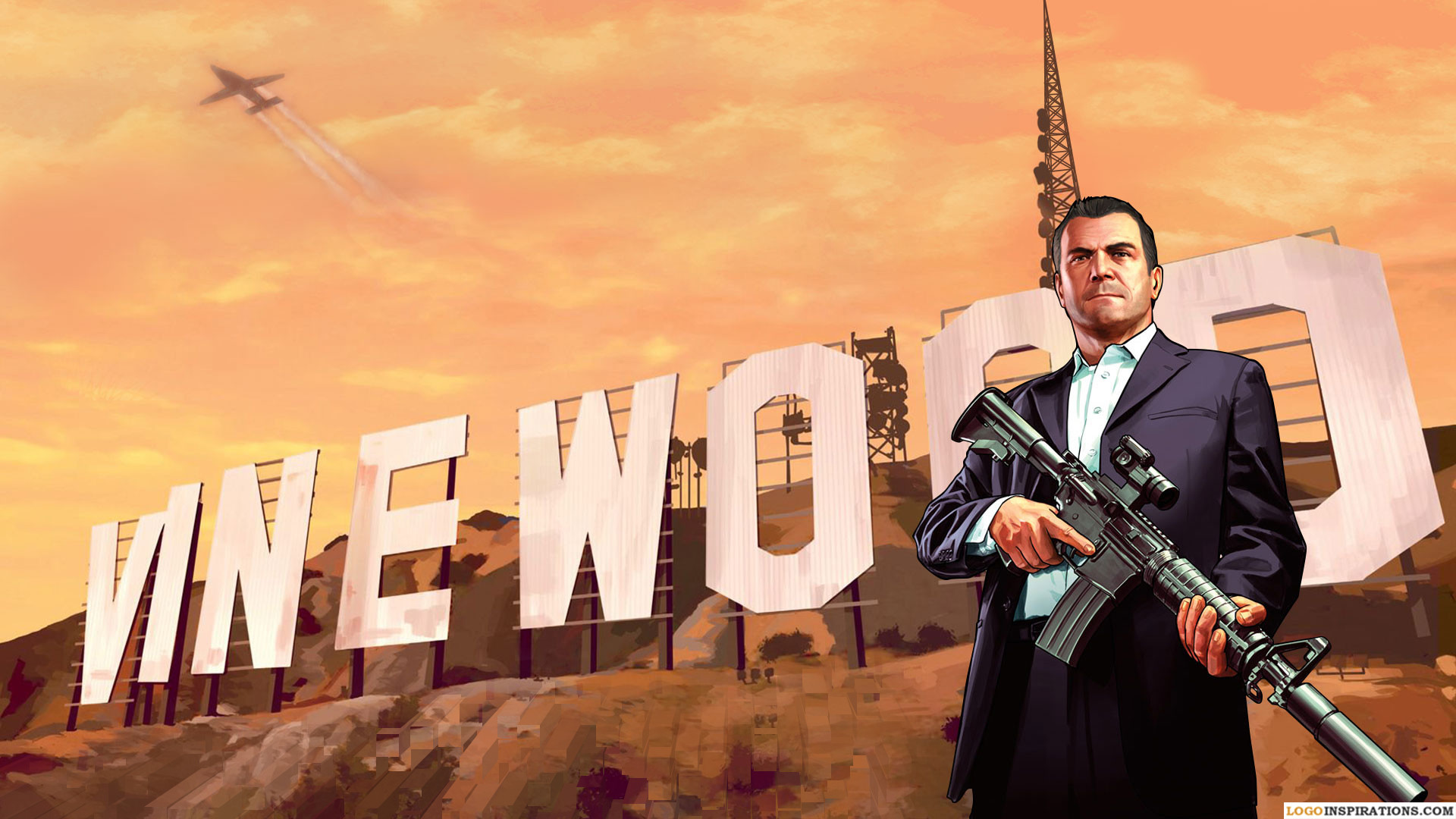 Michael De Santa, Grand Theft Auto V, Insegna Vinewood, Fucile, Tramonto, sfondo desktop Full HD