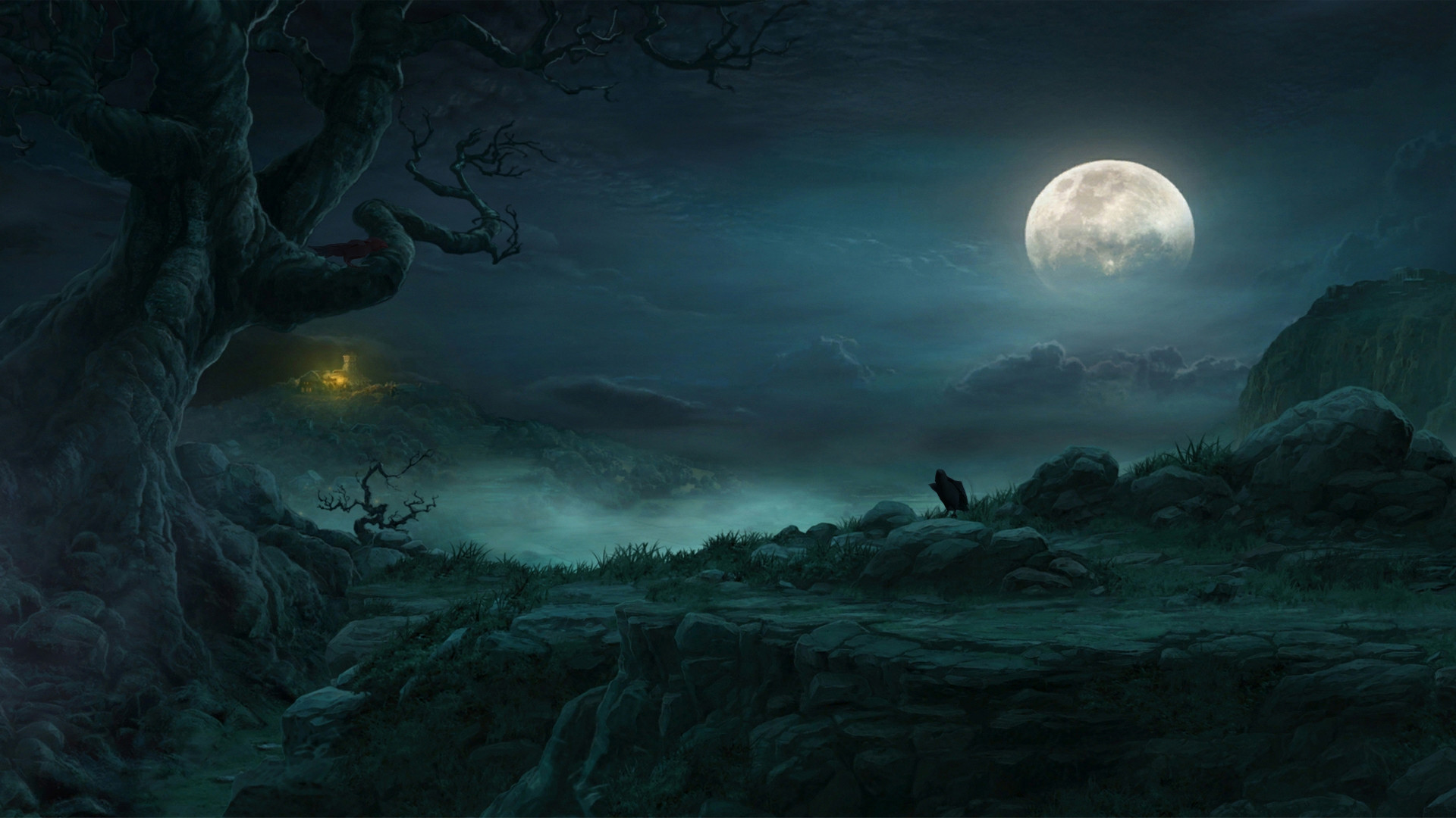 Luna piena, Notte, Paesaggio, Full HD, sfondo per PC