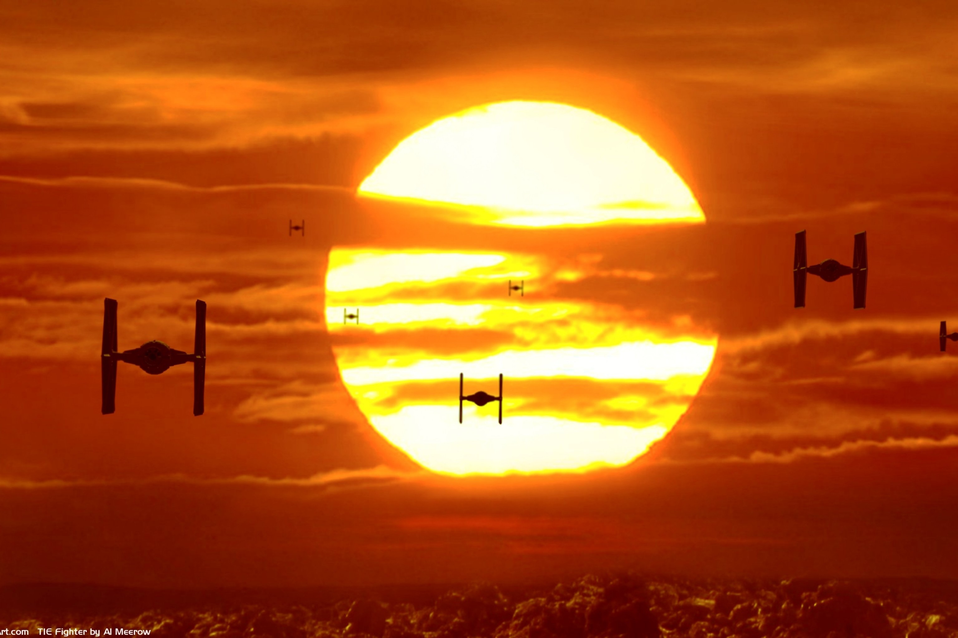 TIE fighter, Sole, Tramonto, Star Wars: Il risveglio della Forza, Arancione, immagine di sfondo