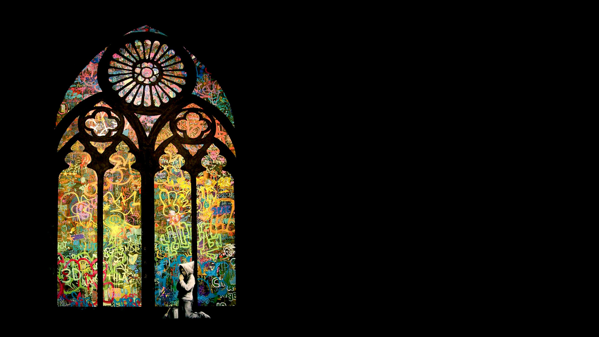 Banksy, Vetrata, Graffiti, Sfondo nero, Full HD, wallpaper per portatile