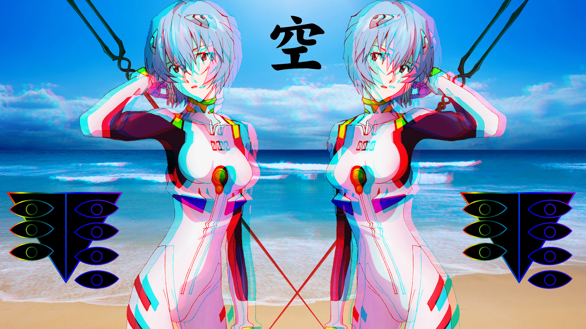 Rei Ayanami, Neon Genesis Evangelion, Vaporwave, Spiaggia, Glitch, sfondo 1920x1080 per PC