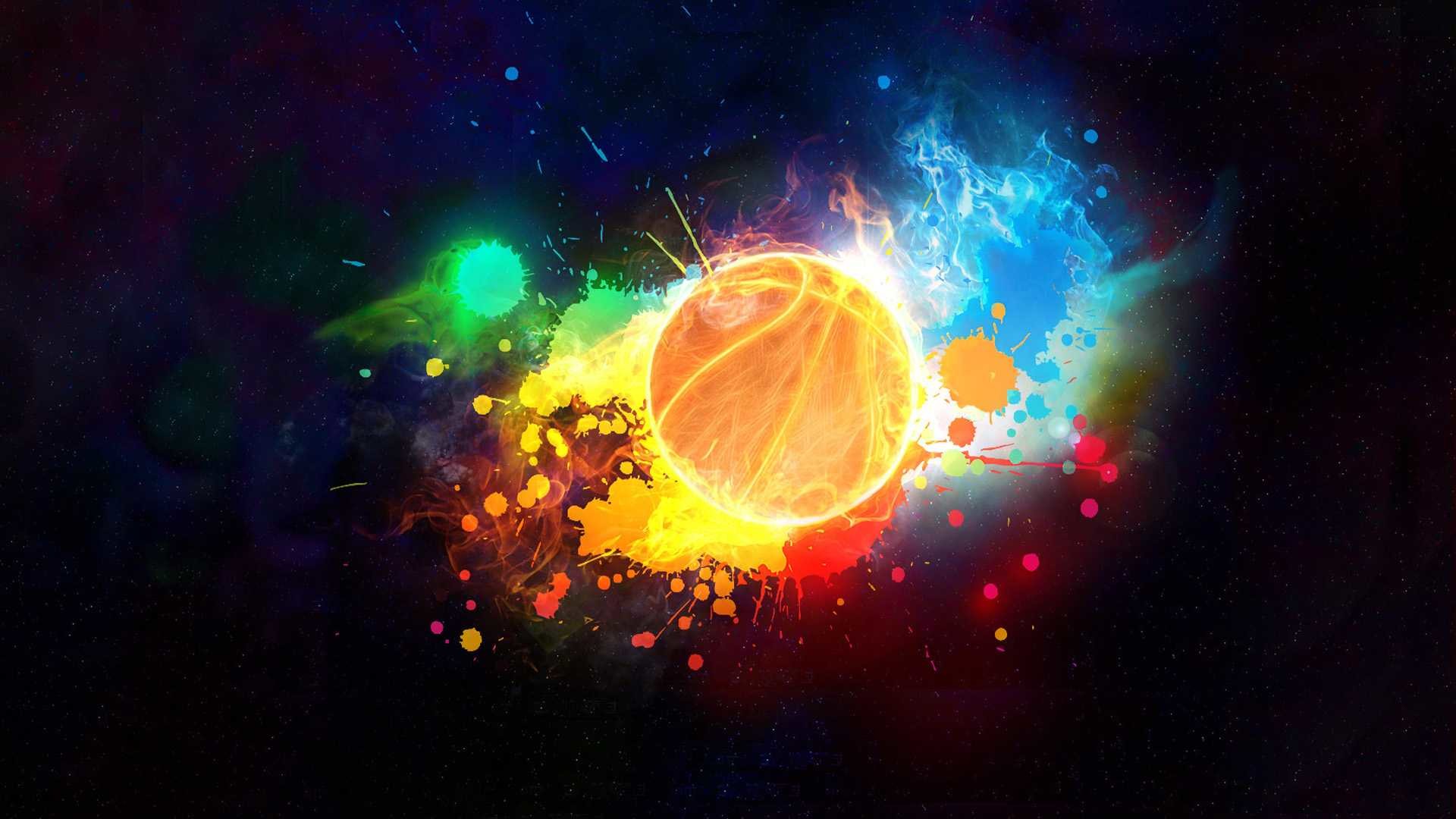 Pallone da basket, Schizzi colorati, Arte digitale, 16:9 Full HD, sfondo widescreen