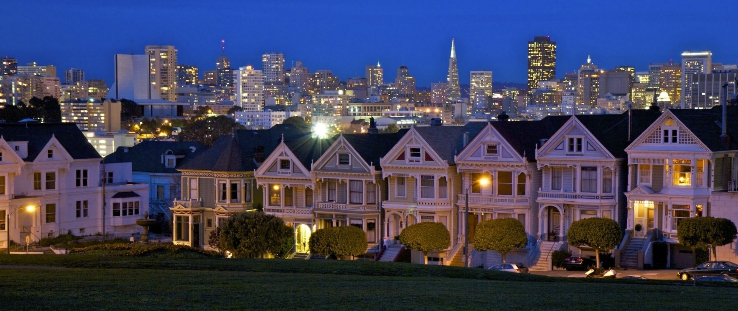 Painted Ladies, Alamo Square, San Francisco, Notte, 2560x1080, immagine di sfondo