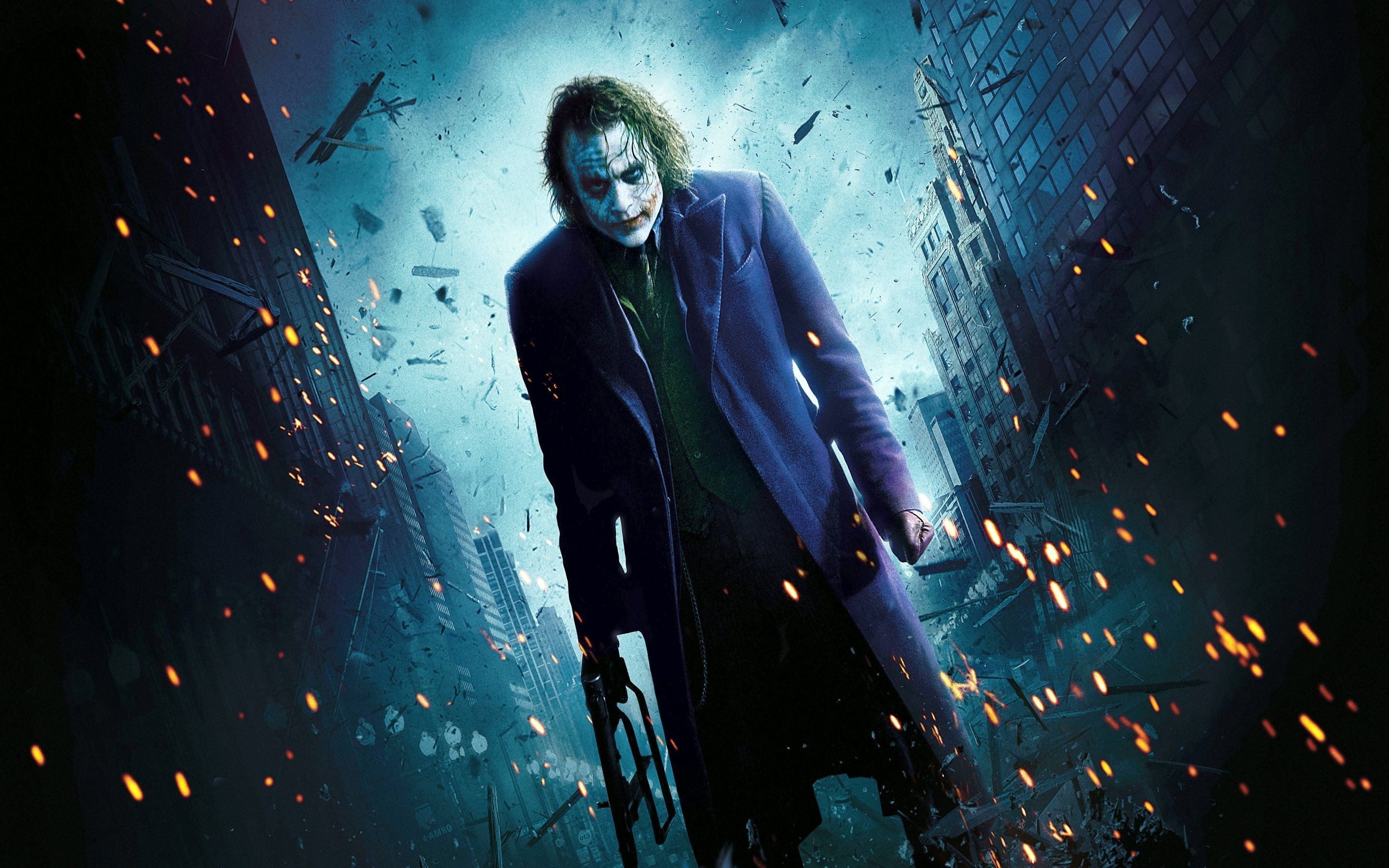 Joker, Heath Ledger, Il cavaliere oscuro, Città, Scintille, 2K, sfondo per portatile